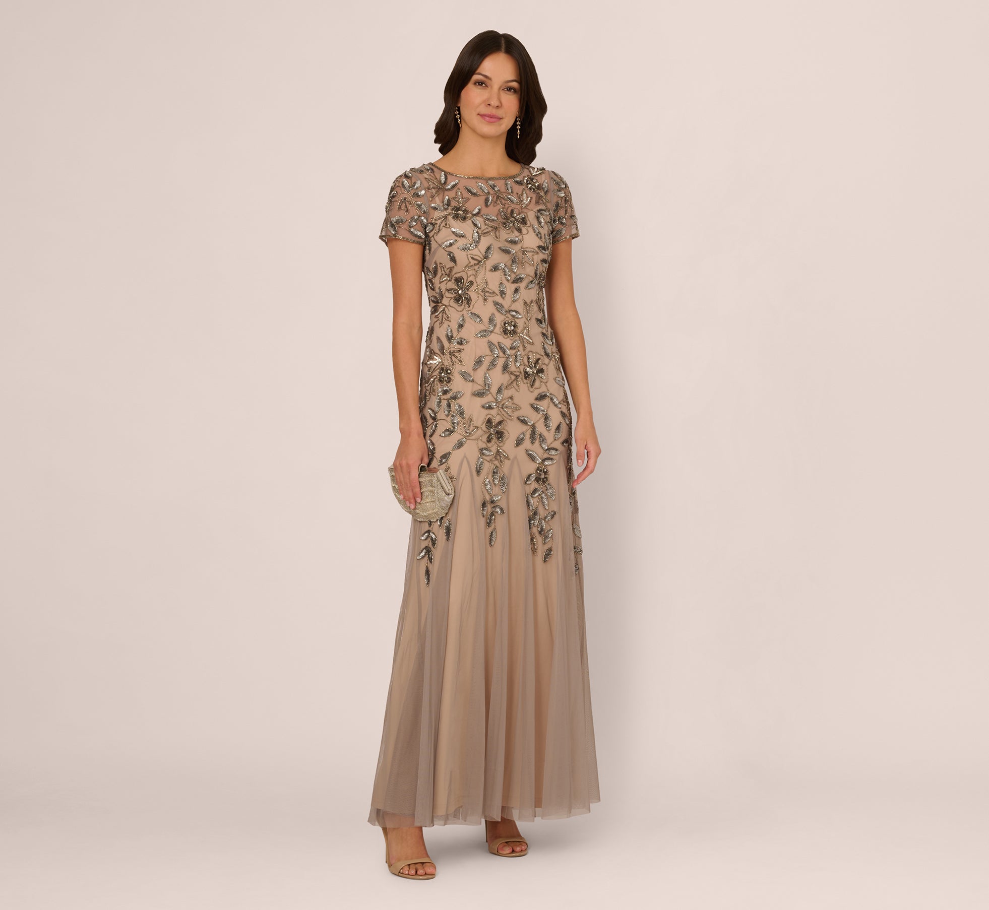 Hand Beaded Short Sleeve Floral Godet Gown In Mercury Nude、mySite、solidvoid