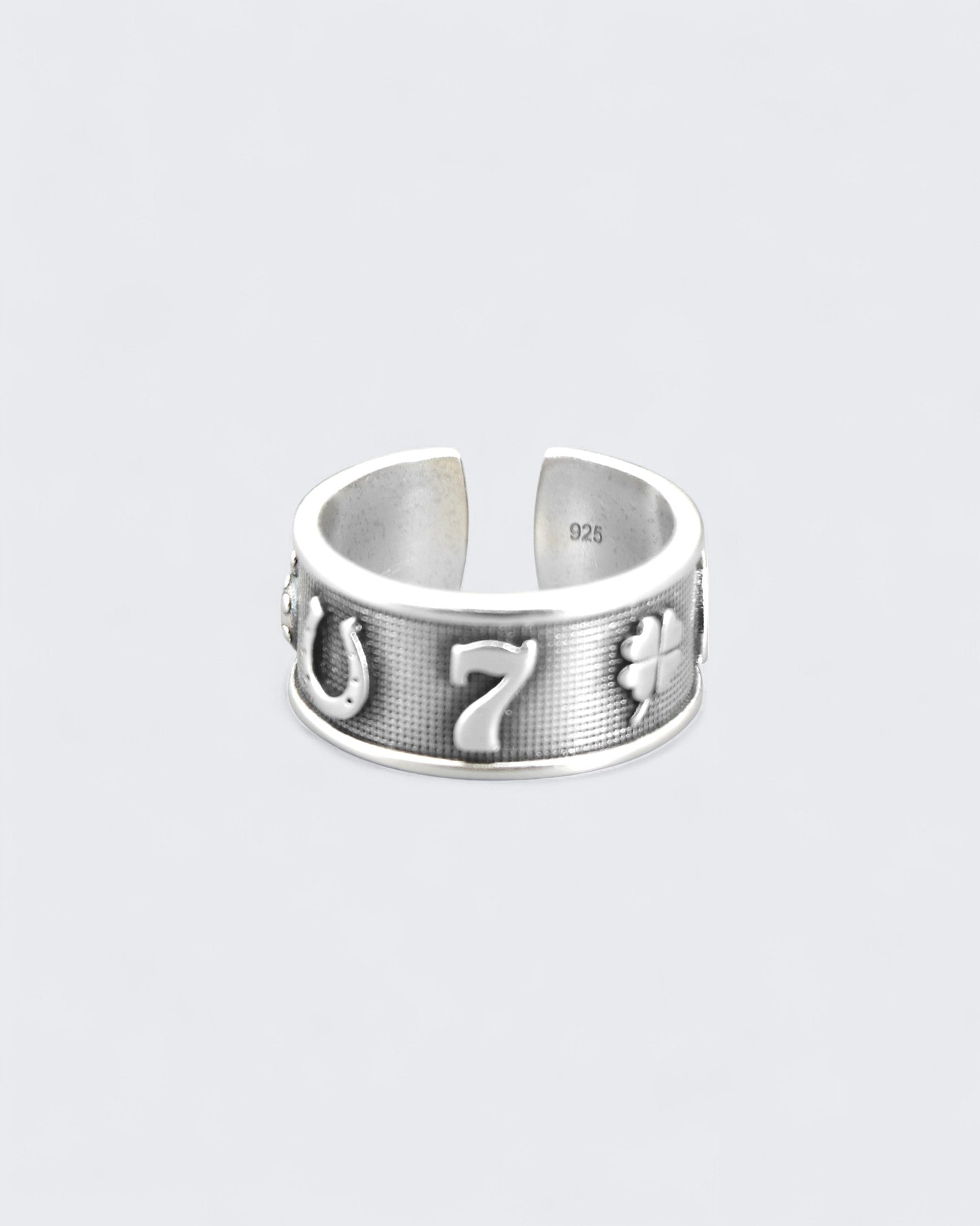 Sterling Silver Lucky Symbols Ring – Adjustable Band with Horseshoe, Ladybug, Four-Leaf Clover, 7, and Wishbone、mySite、topwebapps