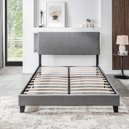 King Size Upholstered Platform Bed Frame with Button Tufted Linen Fabric Headboard, No Box Spring Needed, Wood Slat Support, Easy Assembly, Gray、、casual