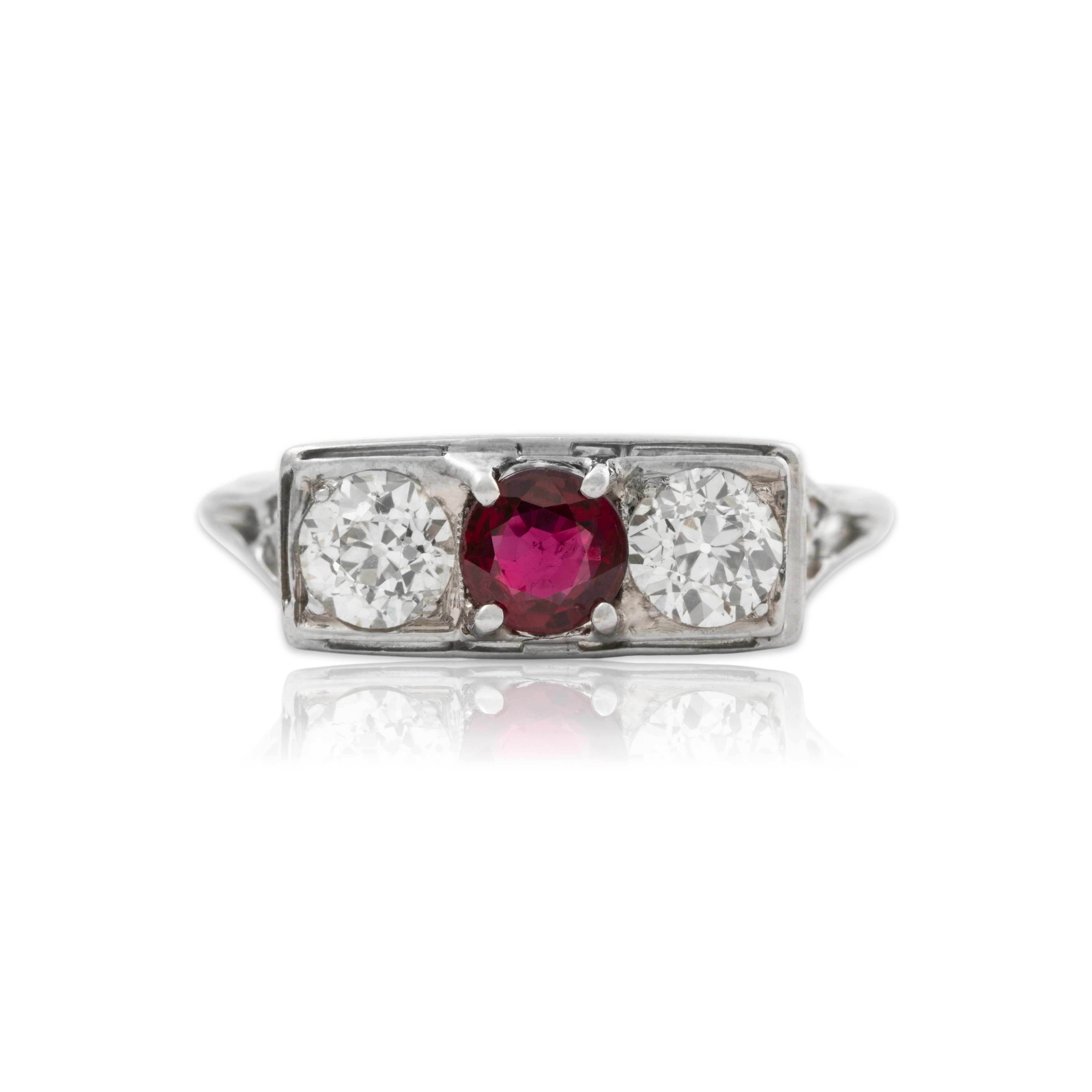 Antique Art Deco 18k White Gold .85cttw Diamond Ruby Openwork Trio Ring 9.00、mySite、hinf8tx79