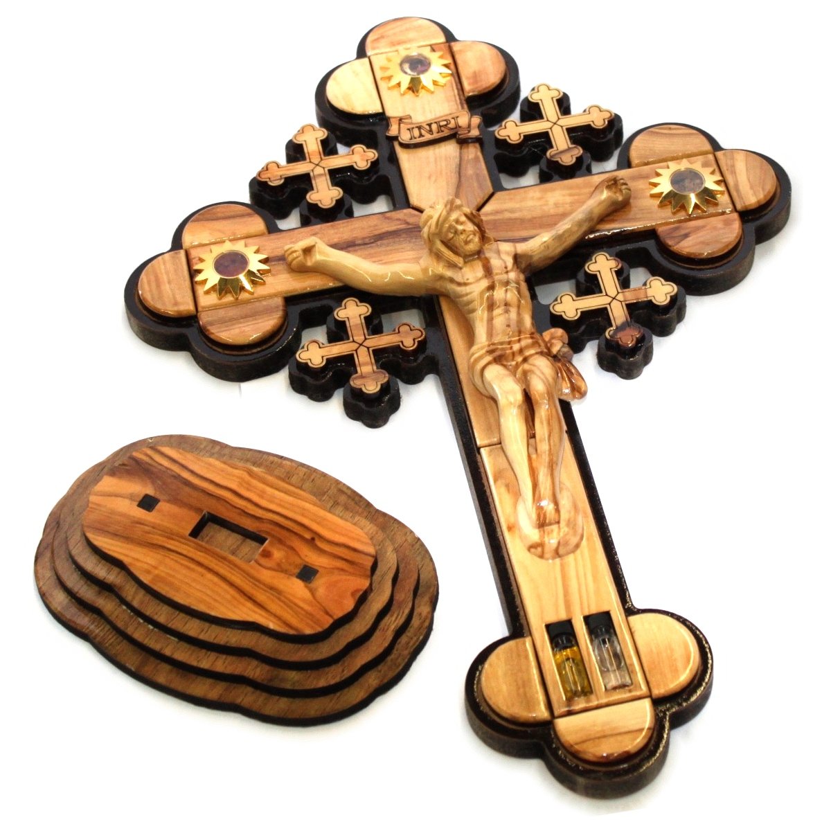 Layered Olive Wood Cross Carved by Laser with Holy Land Samples - Standing or Hanging (14 inches or 35 cm) Large/Certificate、mySite、topwebapps