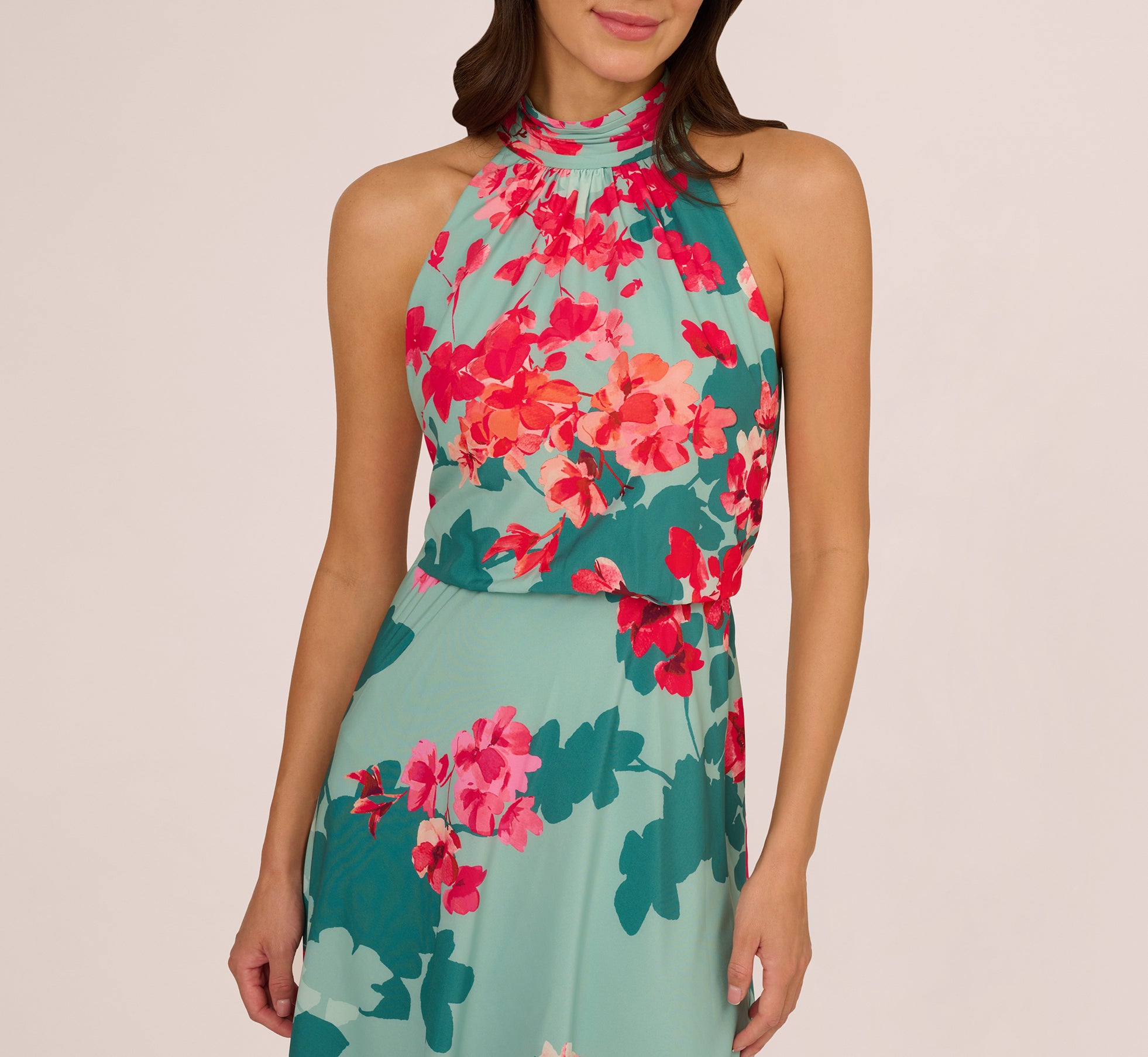 Floral Chiffon Midi Halter Dress In Turquoise Multi、mySite、solidvoid
