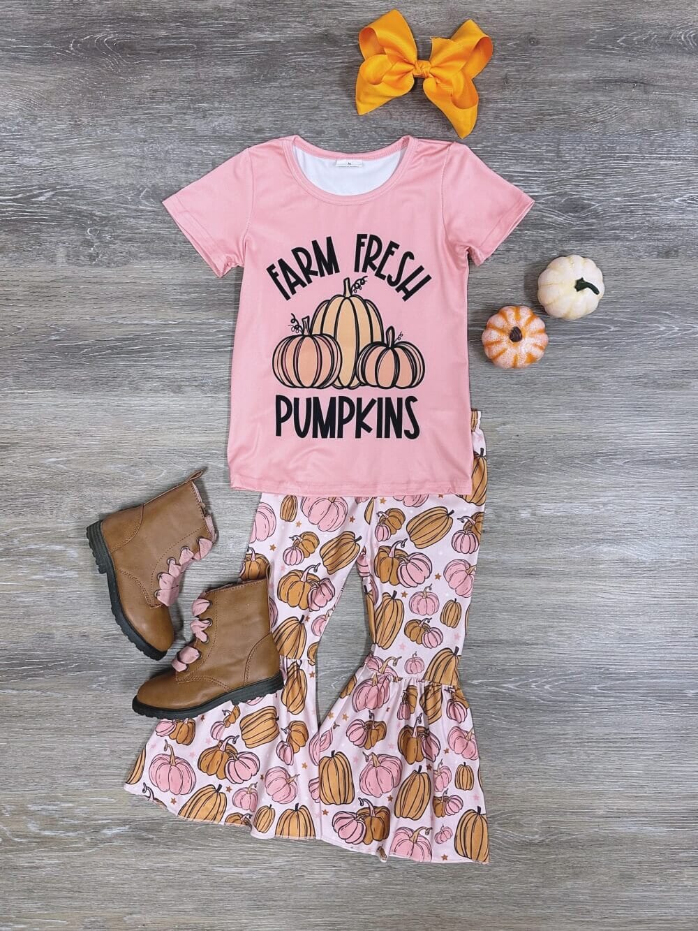 Farm Fresh Pumpkins Girls Short Sleeve Bell Bottoms Outfit、mySite、camillekostekn