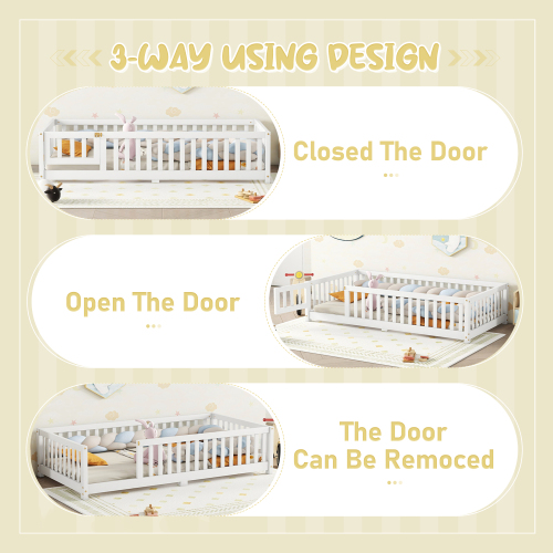 Twin Size Bed Floor Bed with Safety Guardrails and Door for Kids, Natural(Old SKU: W158090686)、、casual