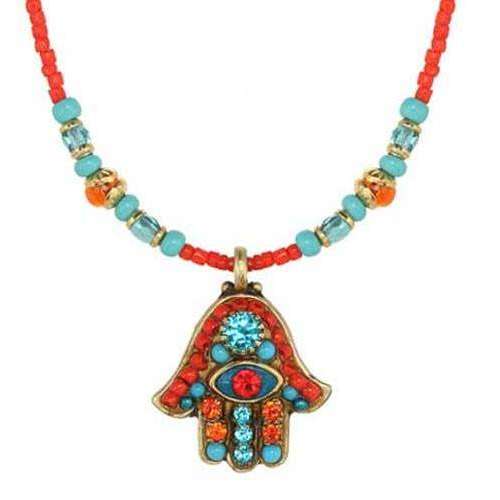 Michal Golan Crystal Hamsa Necklace in Orange and Blue with Evil Eye、mySite、topwebapps
