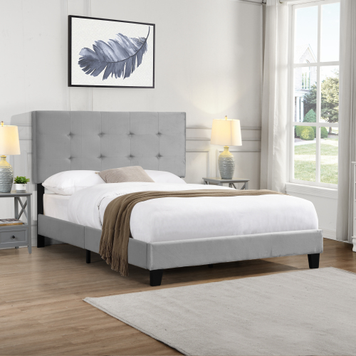 King Size Upholstered Platform Bed Frame with Button Tufted Linen Fabric Headboard, No Box Spring Needed, Wood Slat Support, Easy Assembly, Gray、、casual