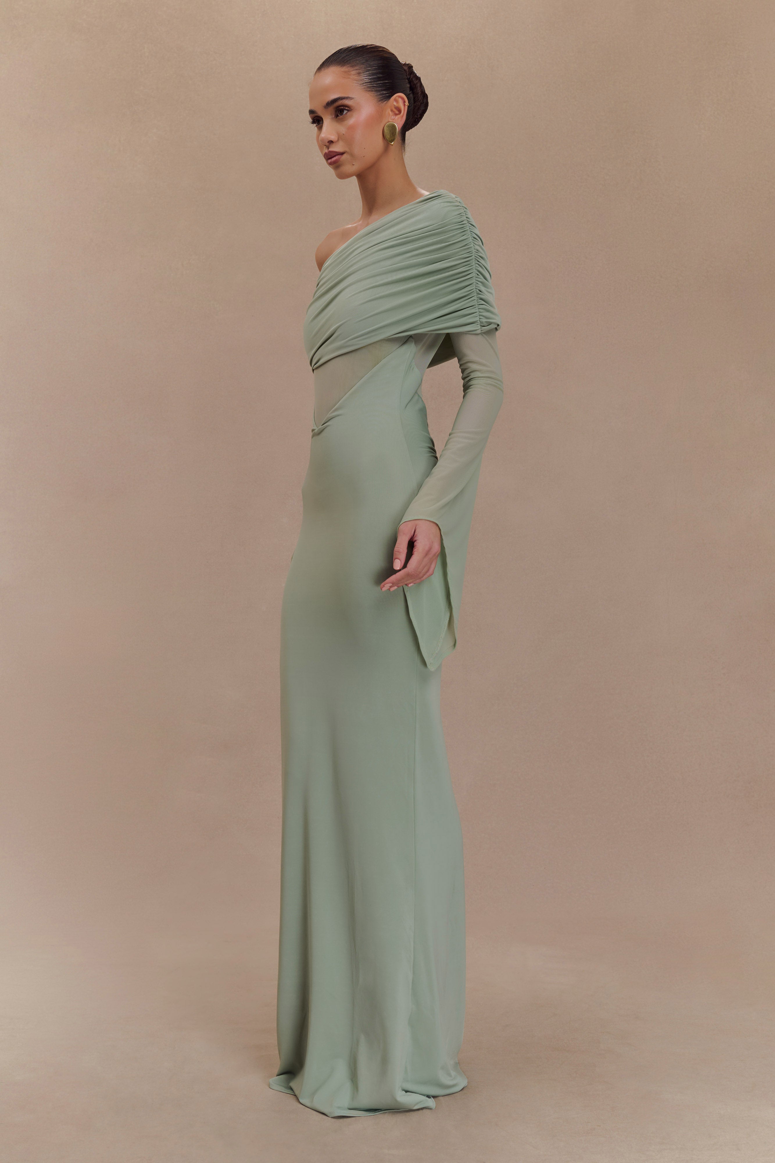 Kaitlin One Shoulder Slinky And Mesh Maxi Dress - Basil、mySite、solidvoid