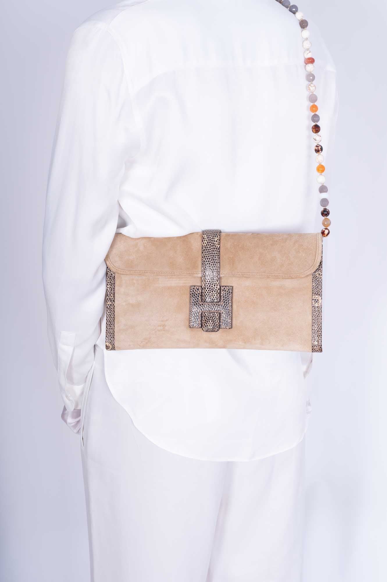 Hermès Jige Elan Clutch Sable Doblis Suede and Ombré Lizard、mySite、garminoutage.com