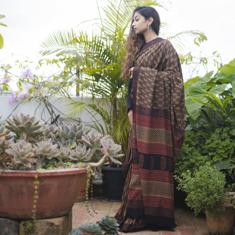 Block Print Saree | Chanderi with Bagru Inspired Print | Brown、mySite、camillekostekn