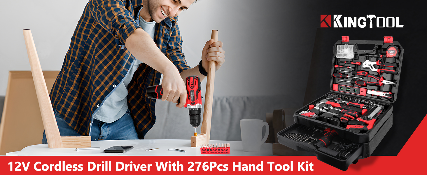 KIngTool 276PCS Tool Set with 12V Power Drill