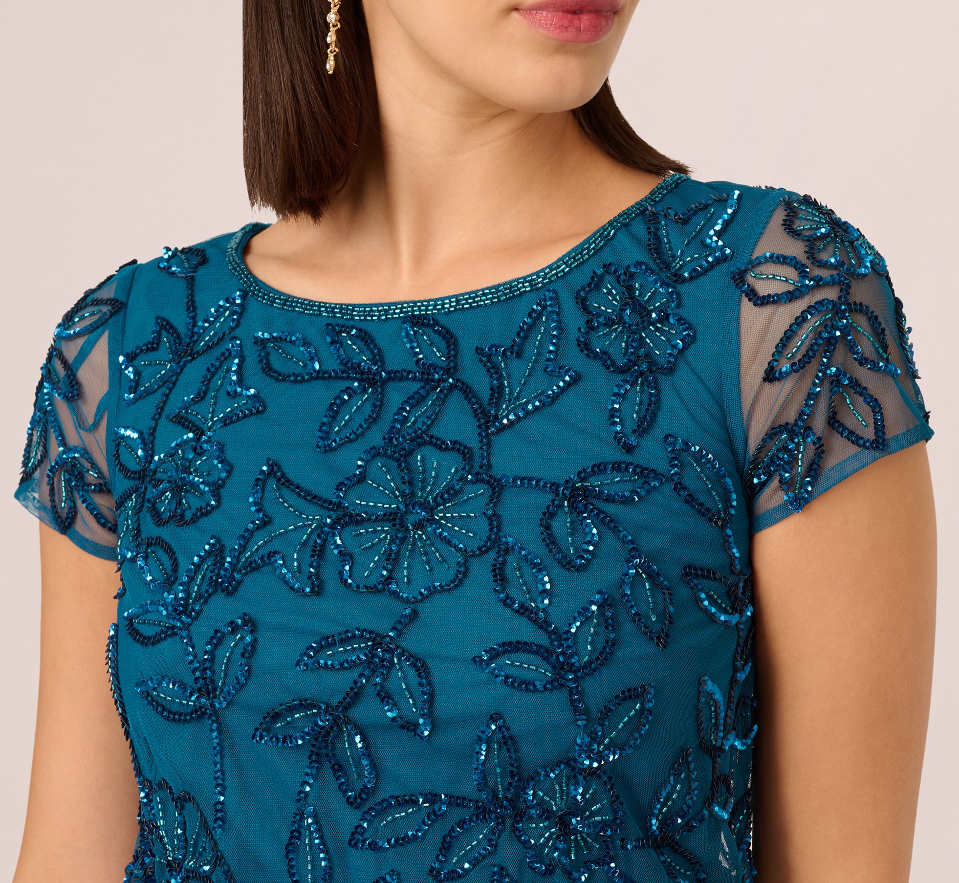 Jasmine Beaded Blouson Gown With Sheer Short Sleeves In Teal Sapphire、mySite、solidvoid
