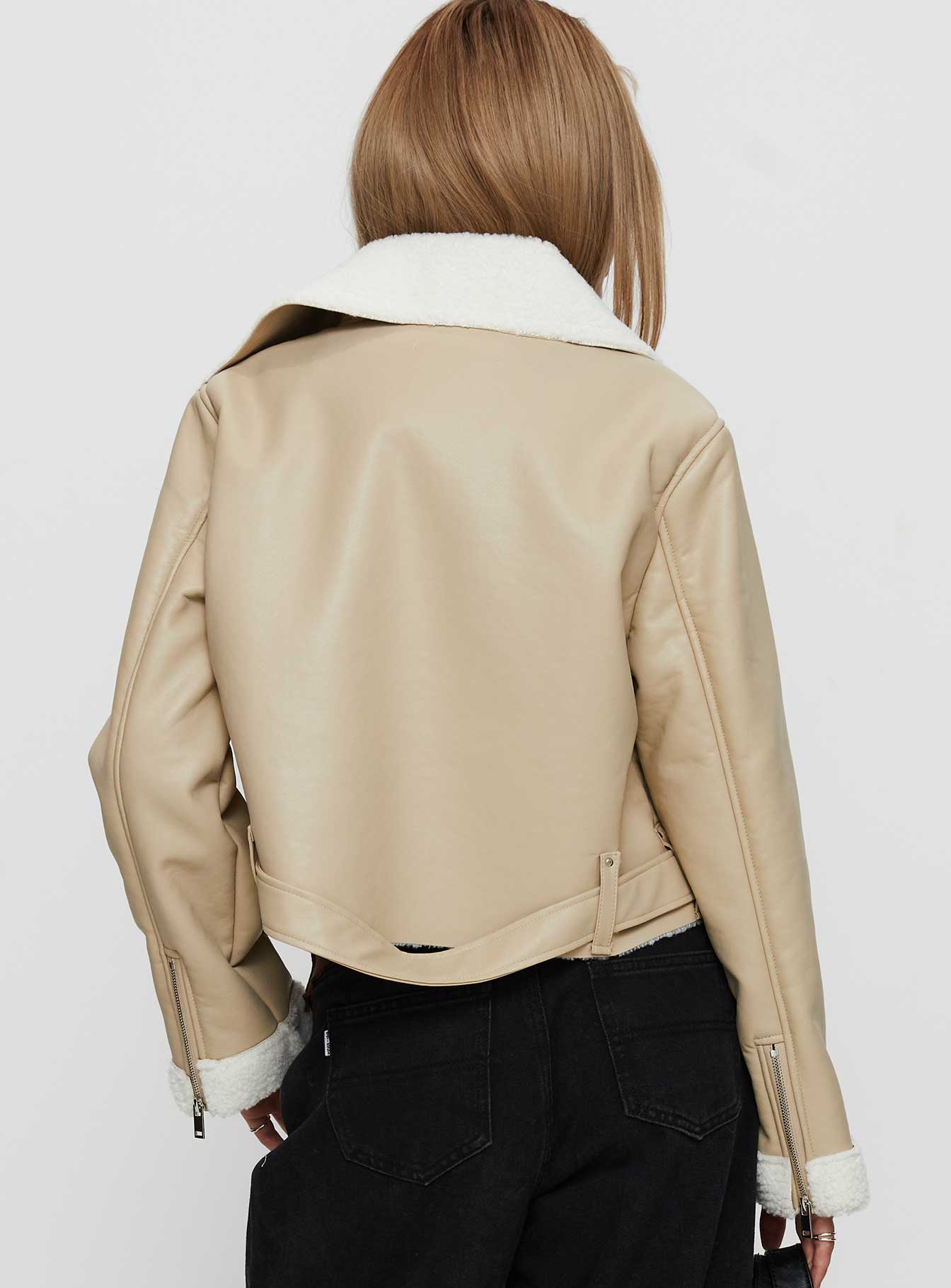 Shearling Trim Faux Leather Jacket Beige、mySite、solidvoid