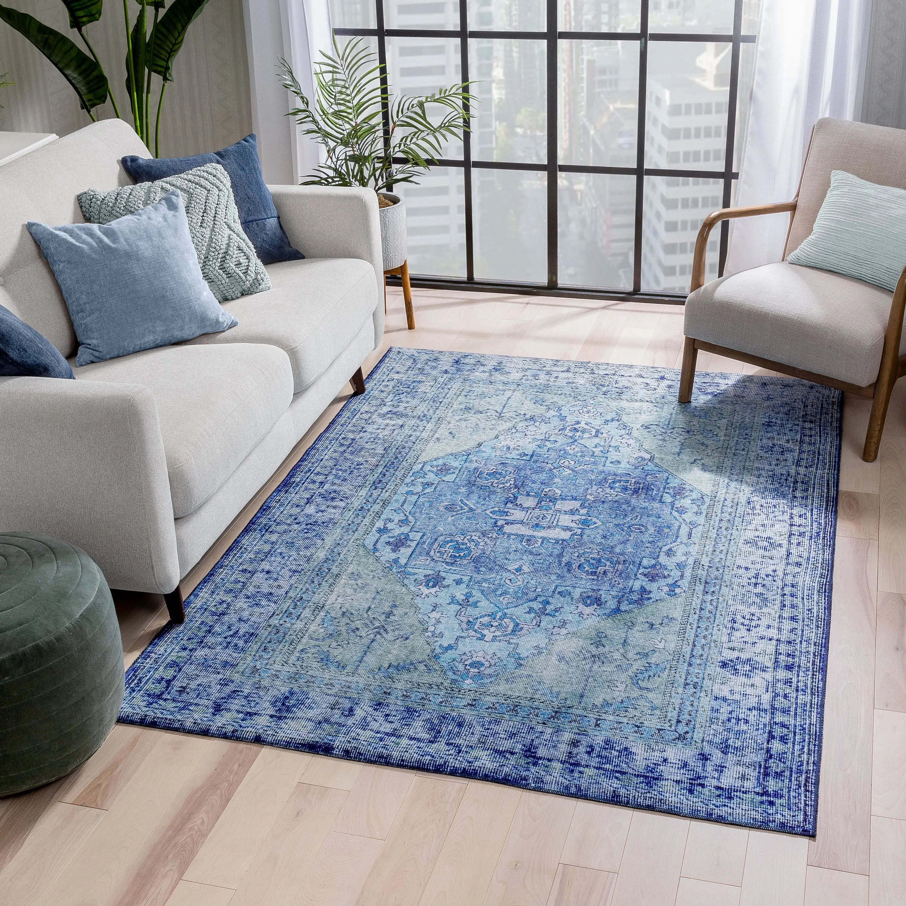 Gila Machine Washable 5'3 x 7'3 Vintage Bohemian Medallion Oriental Dark Blue Flat-Weave Rug、mySite、gigharbornorthrealestate