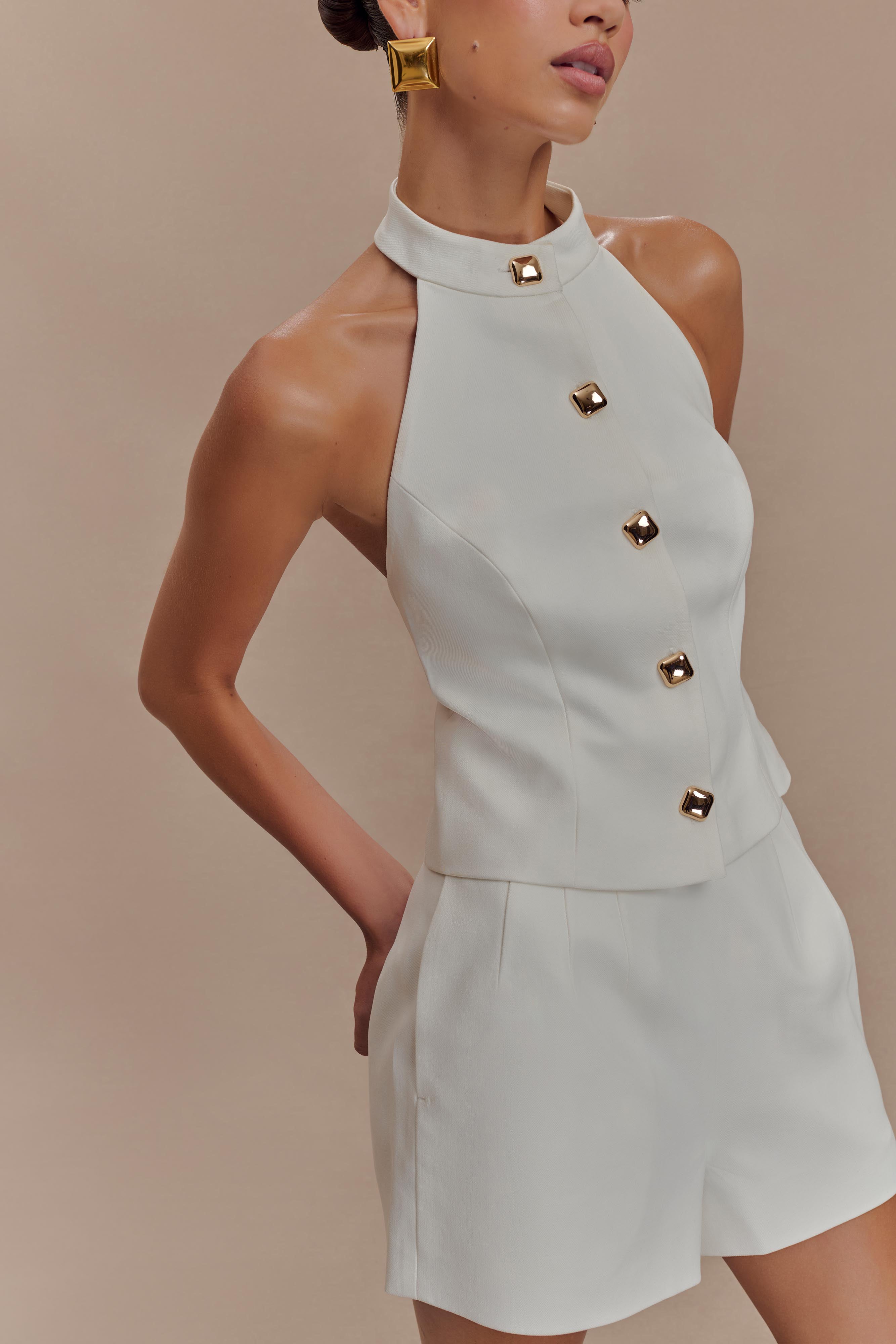 Tiara Halter Neck Suiting Top - White、mySite、solidvoid