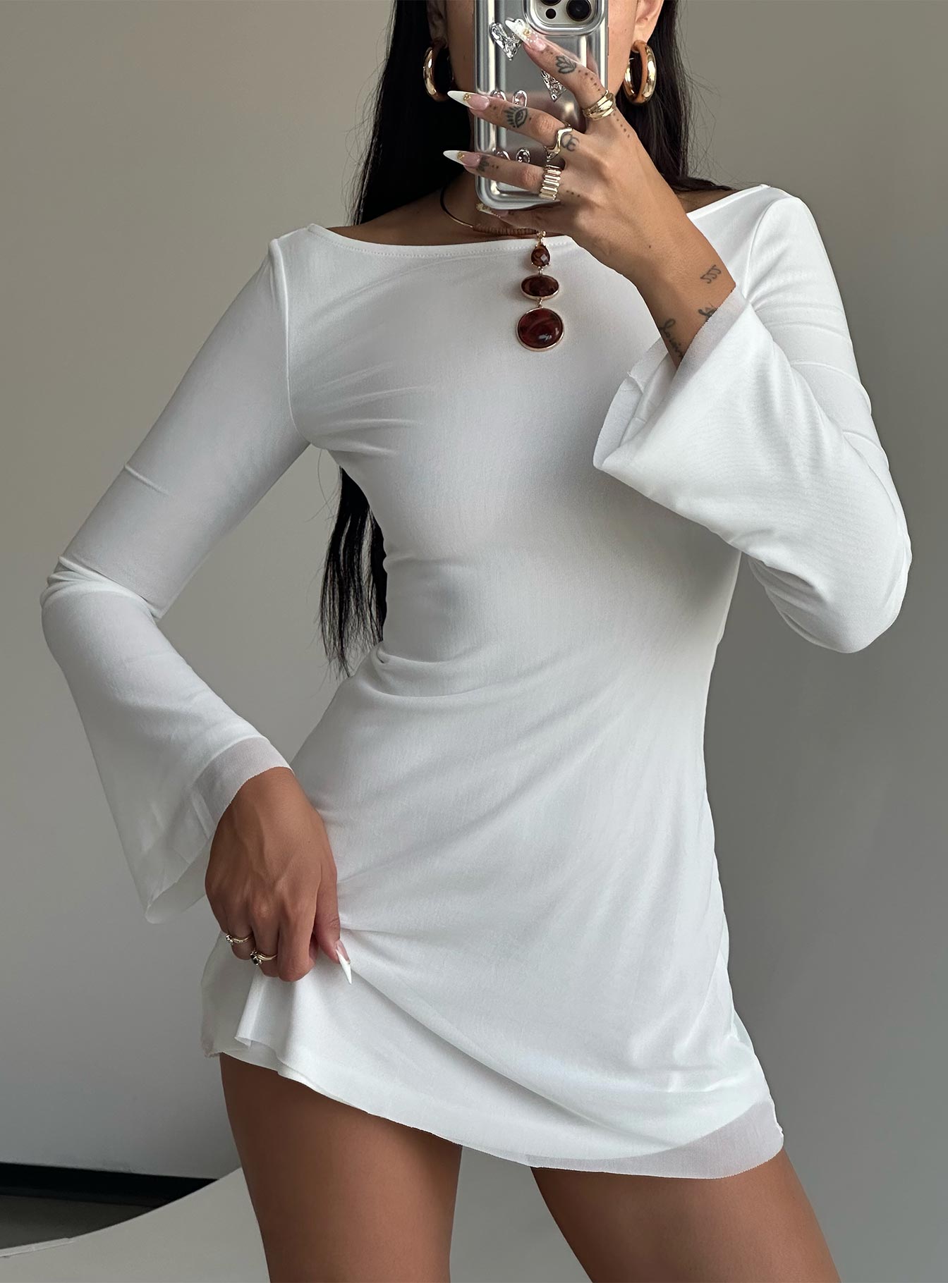 Lukea Long Sleeve Mini Dress White Petite、mySite、solidvoid