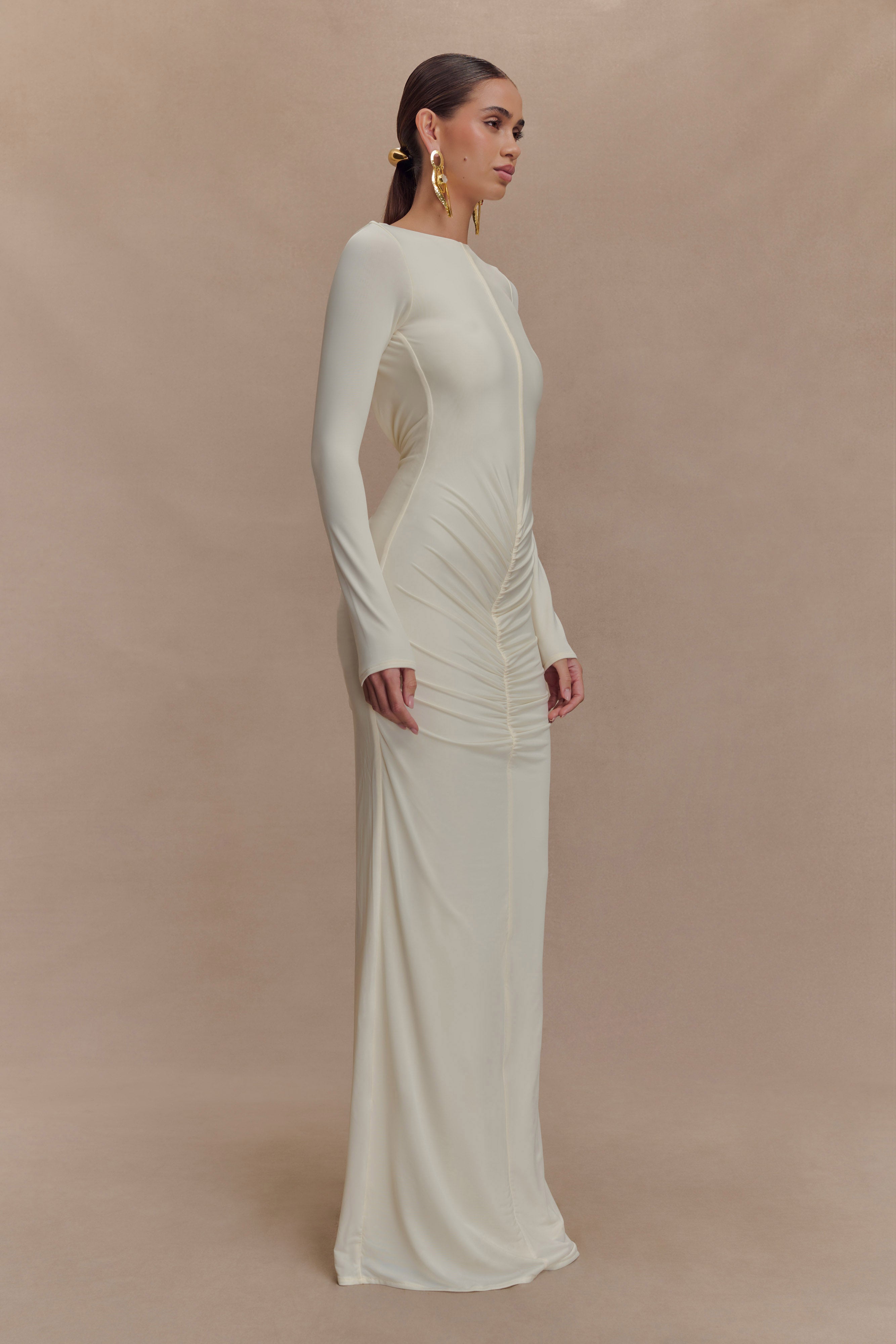 Louisa Long Sleeve Slinky Maxi Dress - Ivory、mySite、solidvoid