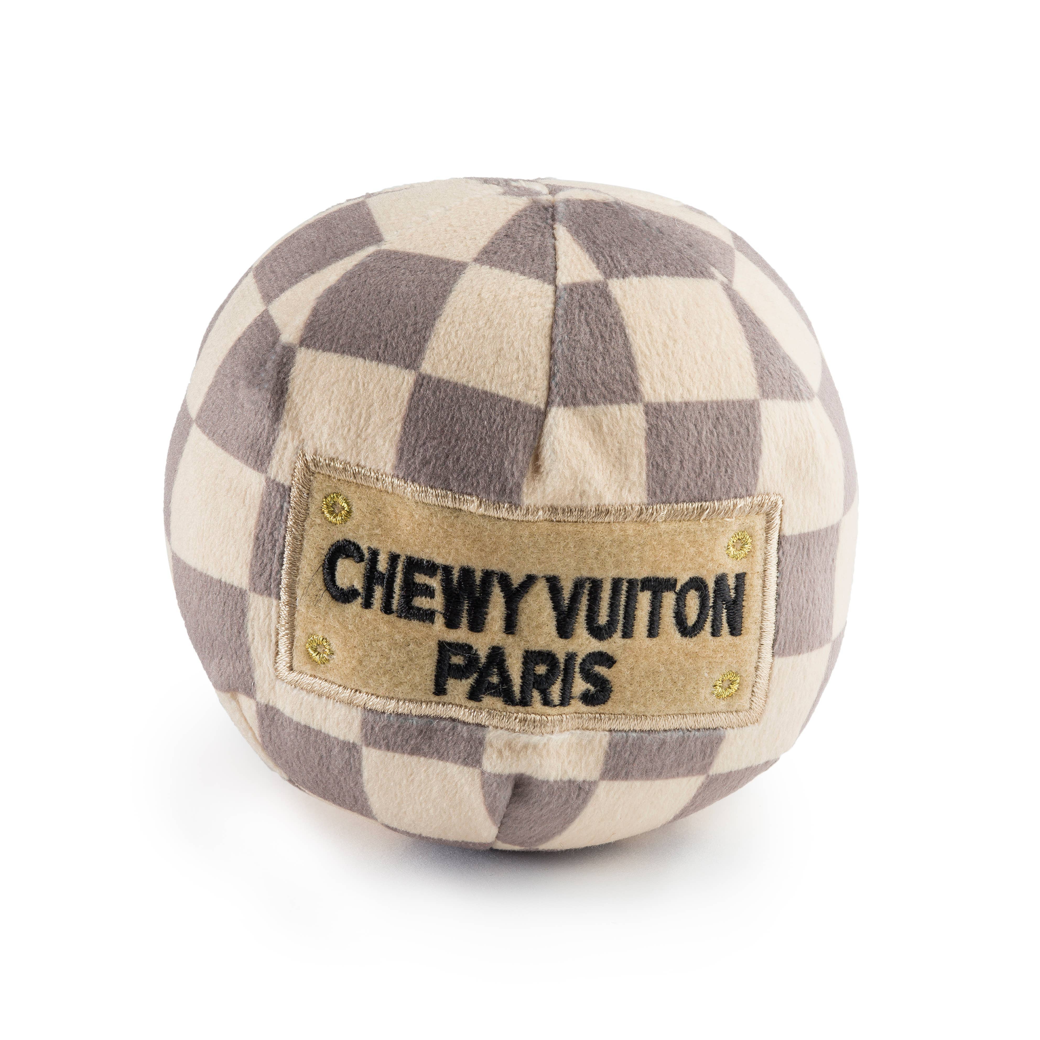 Plush Parody Pet Chew Toy Checker Chewy Vuiton Ball for Dogs Squeaker Inside、mySite、g9winljtr
