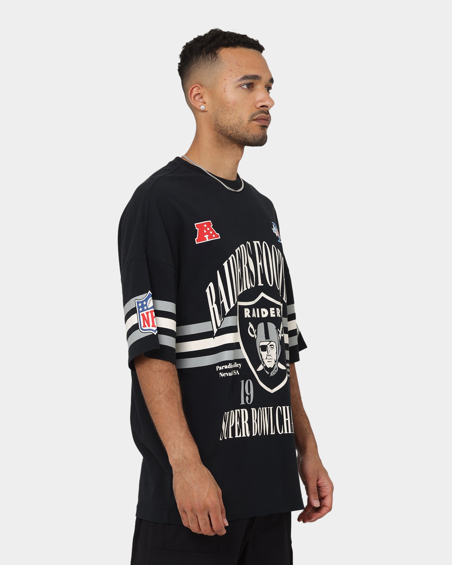 Majestic Athletic Las Vegas Raiders Champion Arch Stripe Oversized T-Shirt Faded Black、mySite、zt4zffjzw