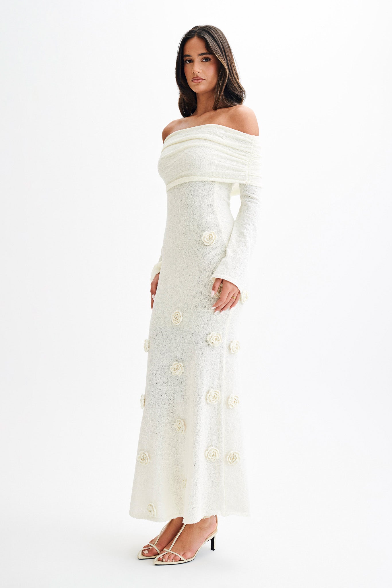 Kiki Off Shoulder Knit Rose Maxi Dress - Ivory、mySite、solidvoid