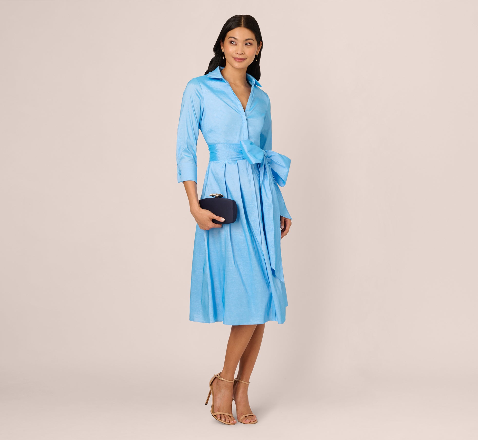 Three Quarter Sleeve Taffeta Midi Shirt Dress In Bluebell、mySite、solidvoid