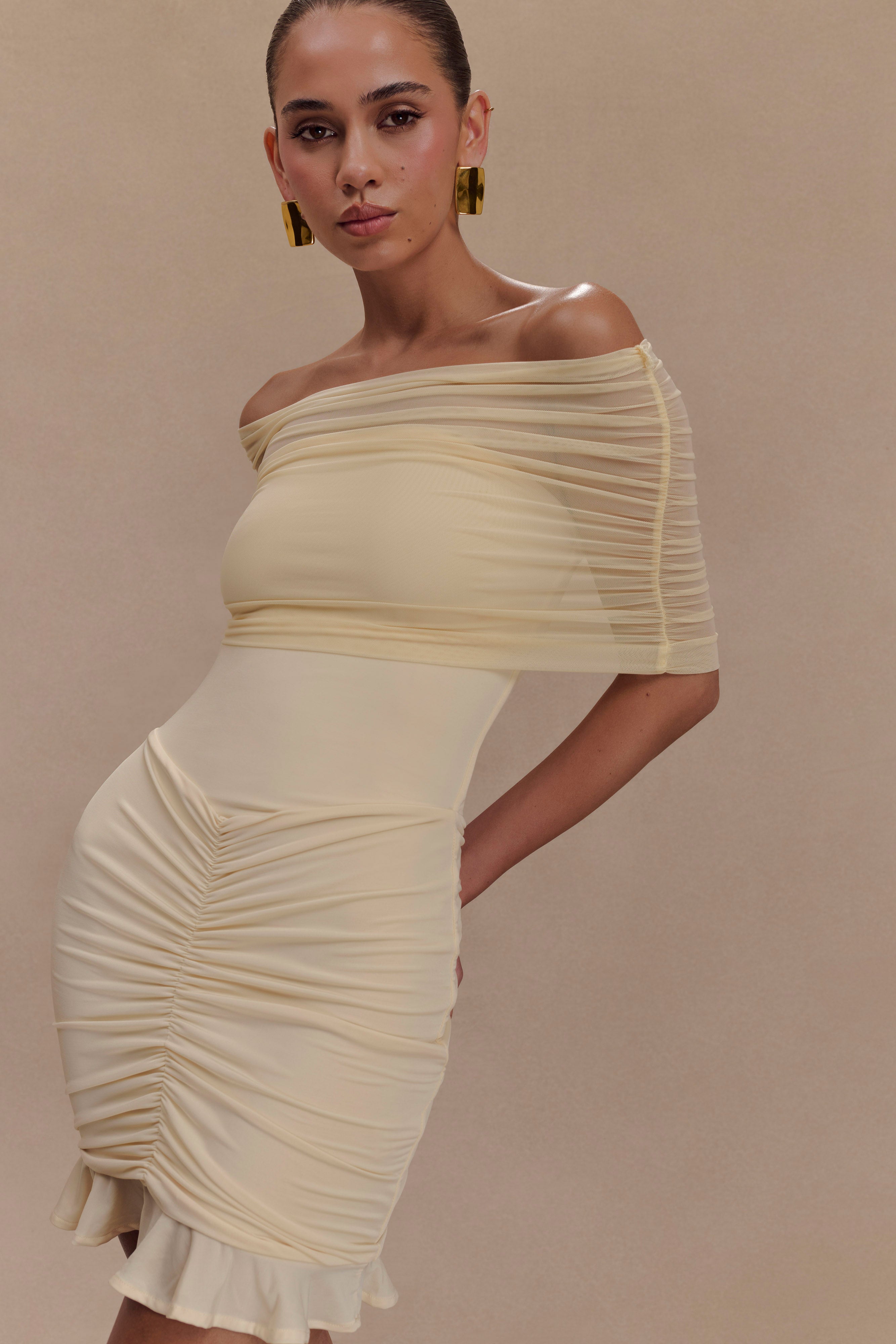 Caspian Slinky And Mesh Off Shoulder Mini Dress - Ivory、mySite、solidvoid