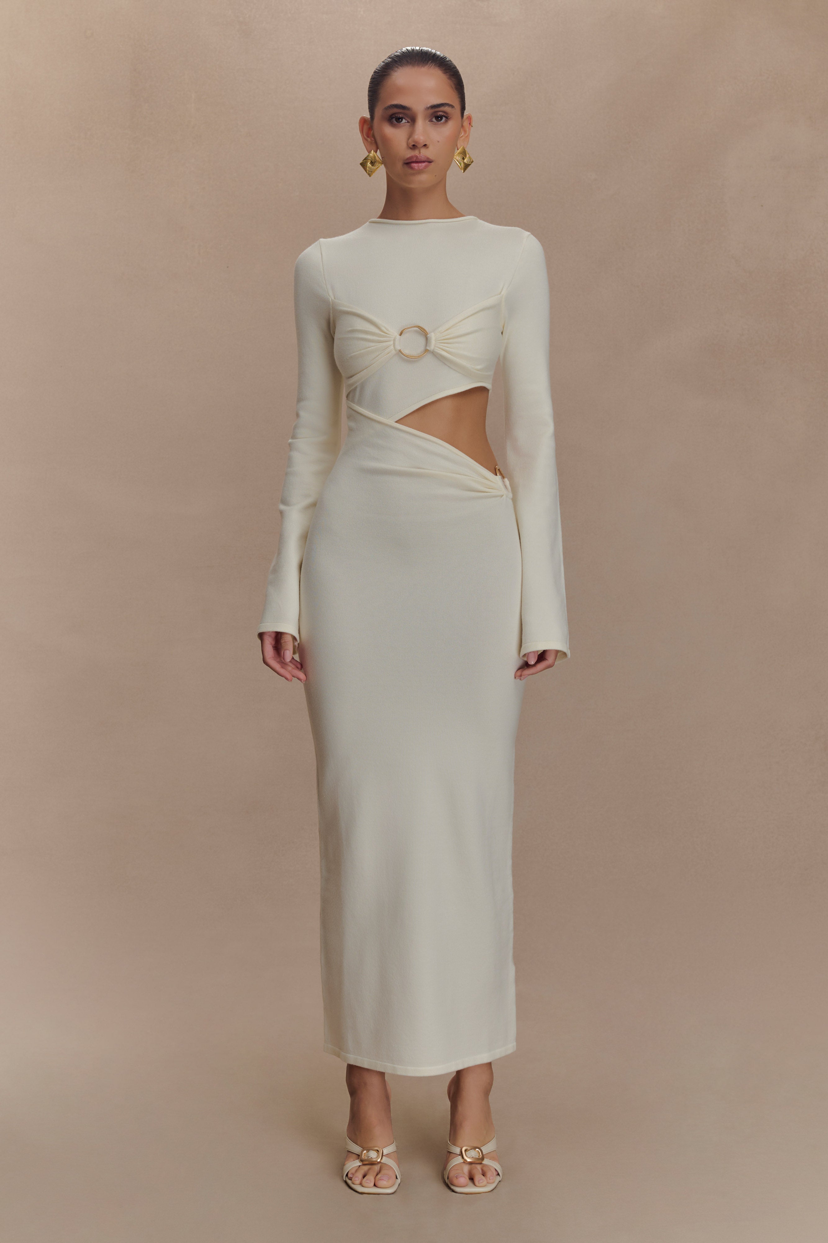 Azariah Long Sleeve Knit Midi Dress - Ivory、mySite、solidvoid