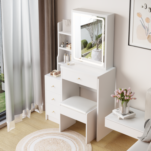29.2" Small Size Left Bedside Cabinet Vanity Table + Cushioned Stool, Large Sliding, Touch Control, Tri-color Switching, Brightness Adjust LED Mirror, High Capacity Storage, Suitable for Small Space、、xpatfood