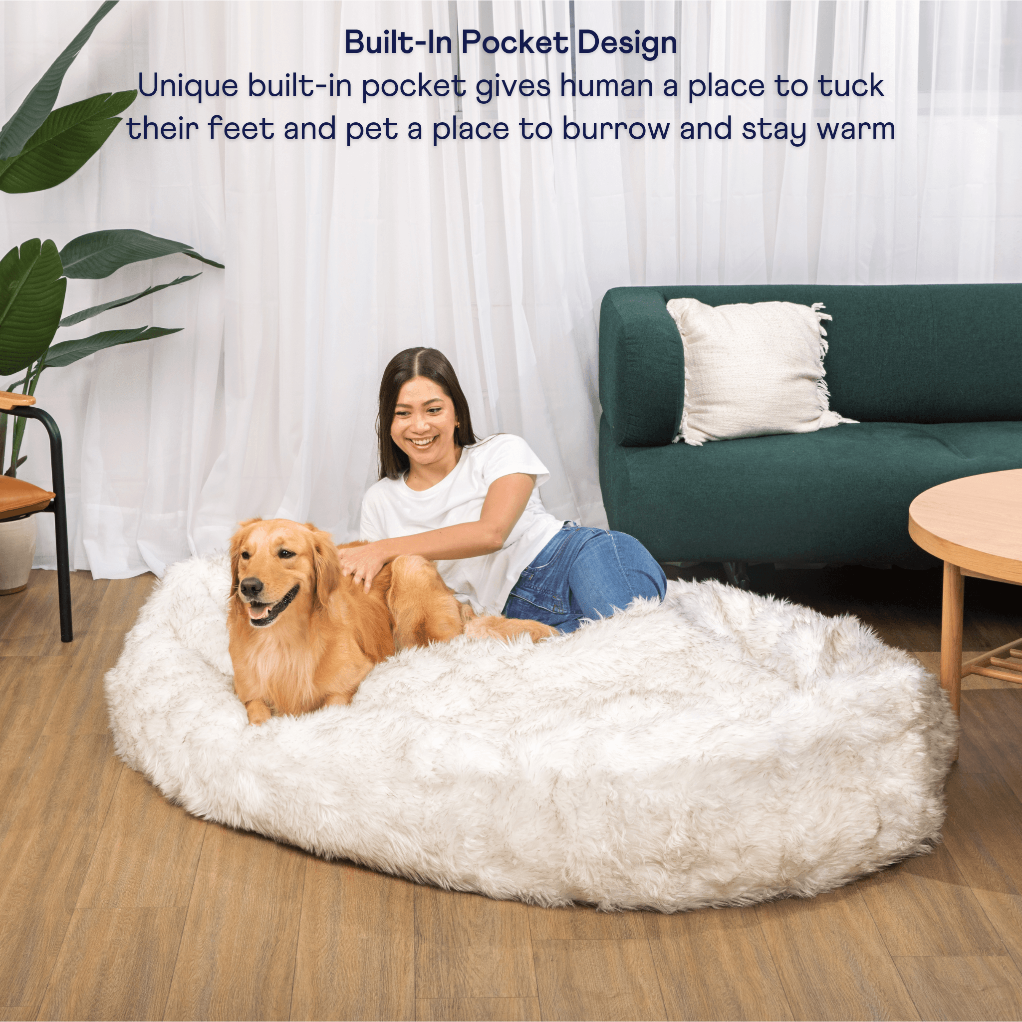 PupCloud™ Human-Size Faux Fur Memory Foam Dog Bed - White with Brown Accents、mySite、solidvoid
