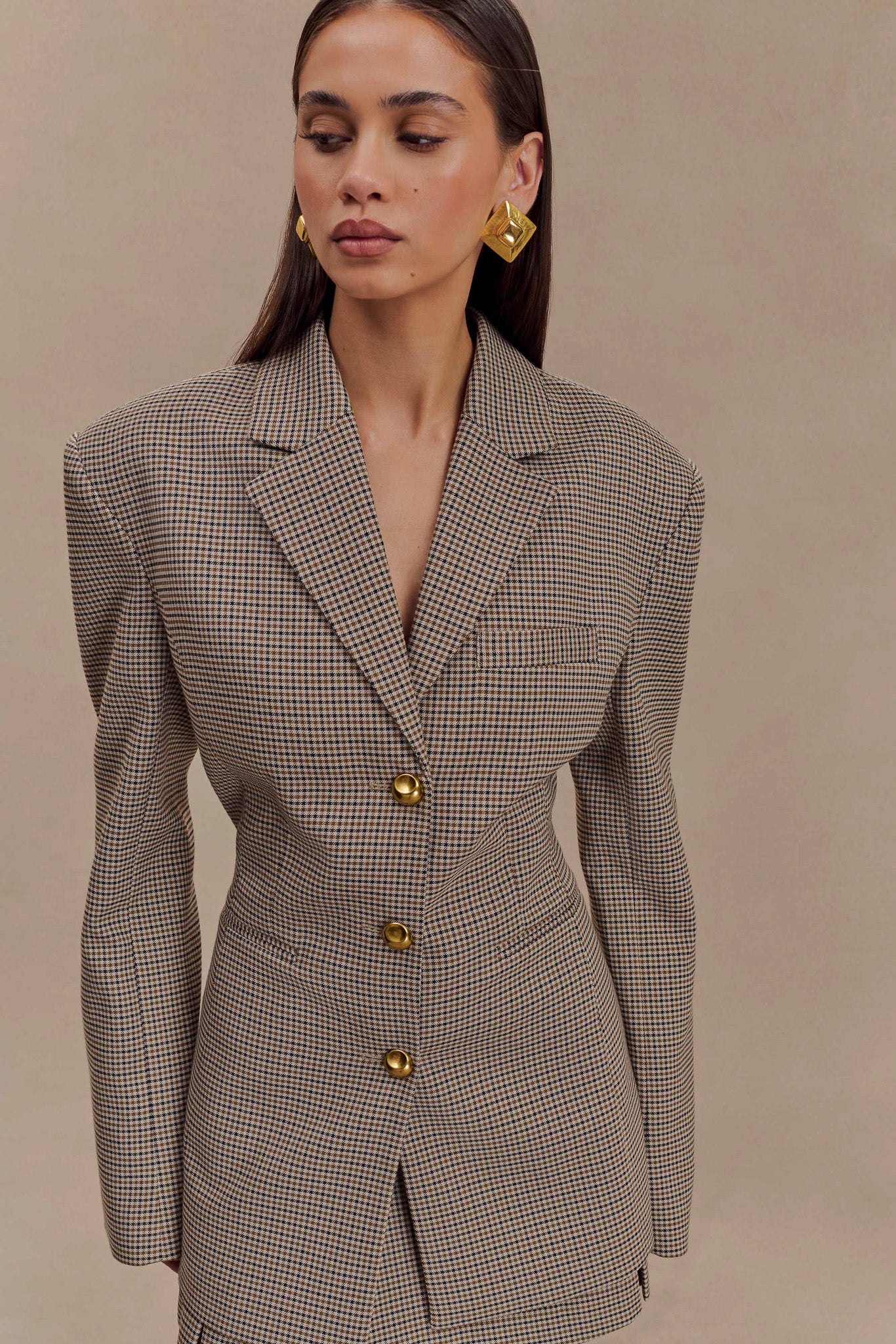 Mila Shaped Blazer - Tan Check、mySite、solidvoid