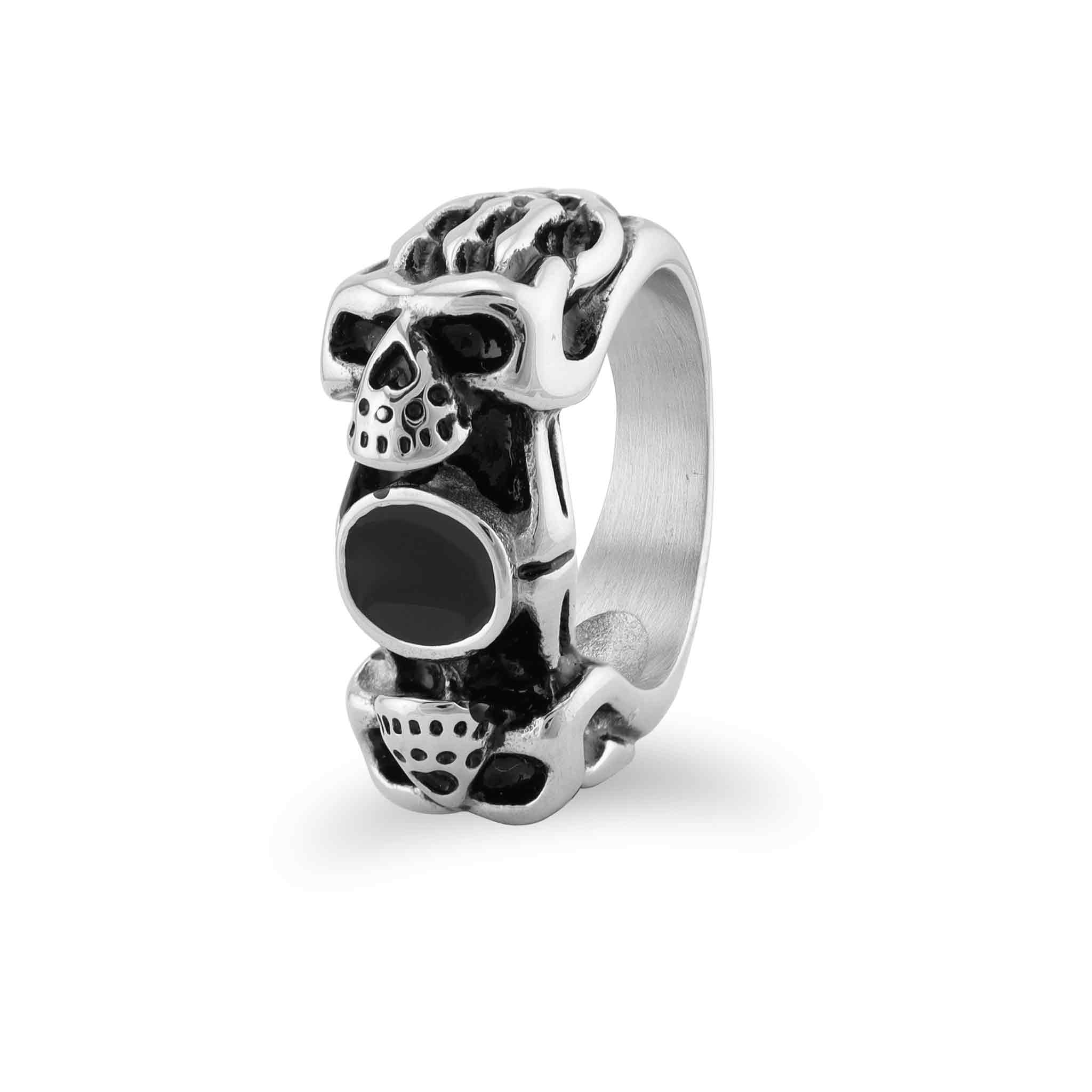 Polished Black CZ Stone Center With Skull Accents Stainless Steel Ring / SRJ2282、mySite、dreamappss