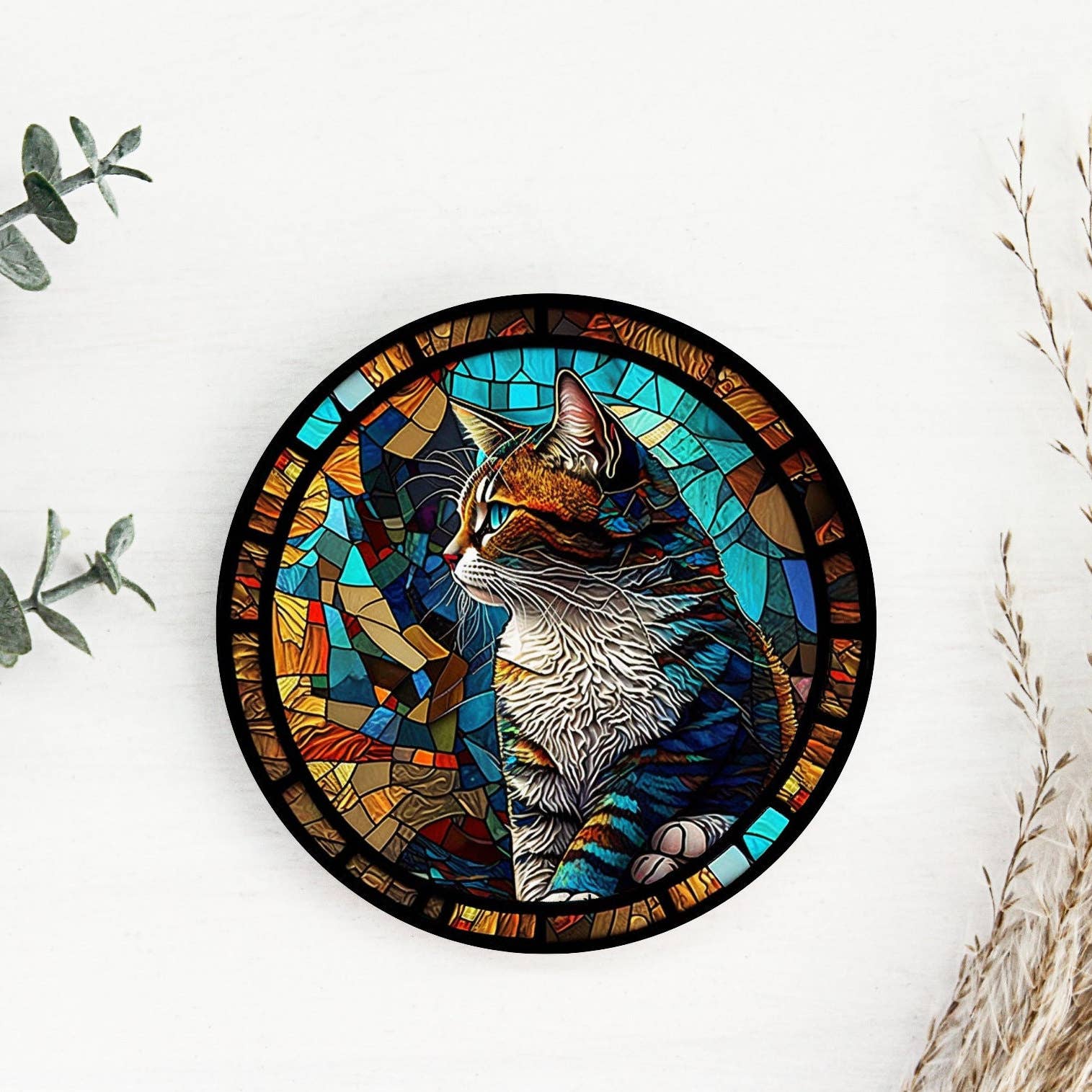 Cat Coaster with Stained Glass Motif, Eco-Friendly Ceramic、mySite、g9winljtr