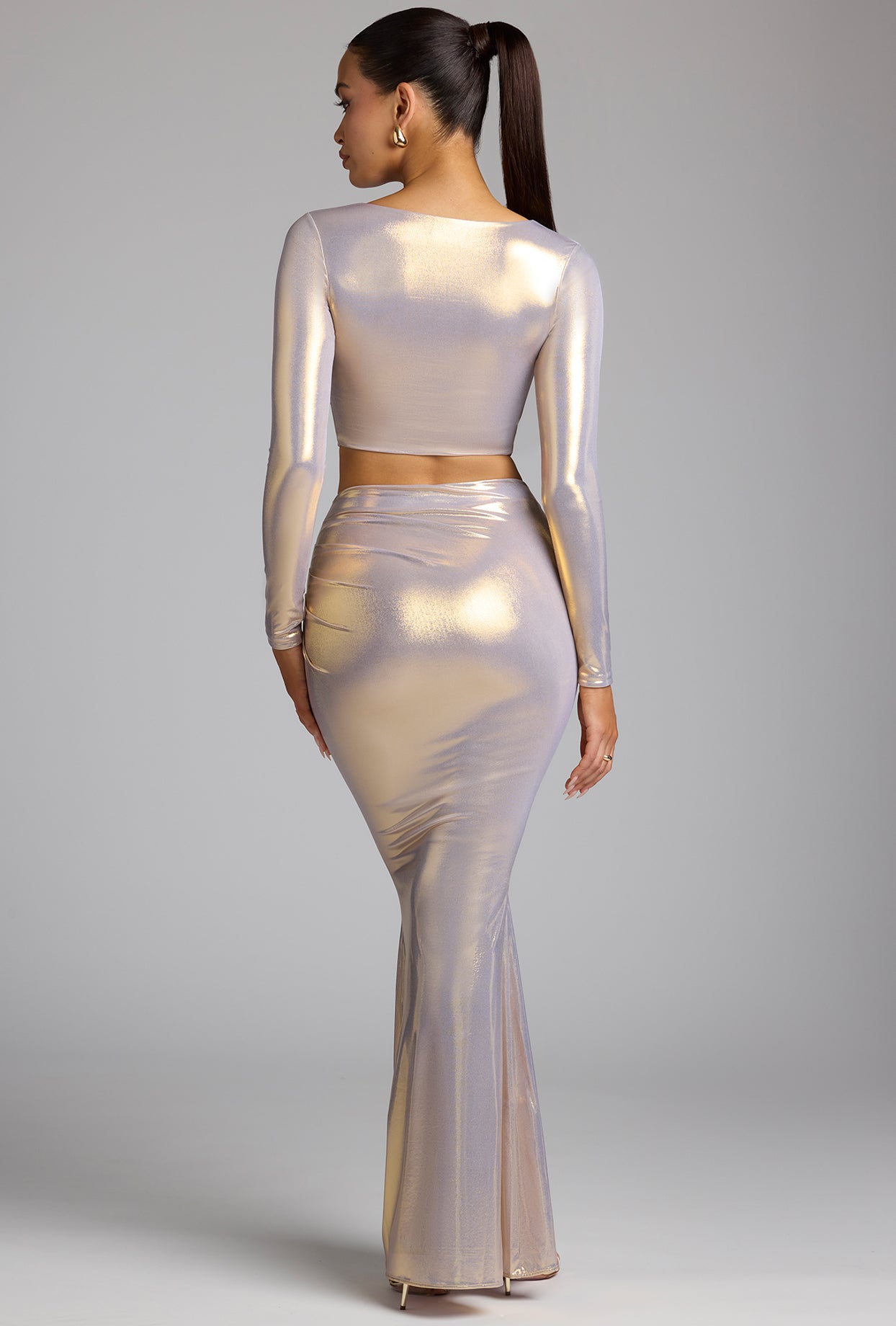 Mid Rise Metallic Jersey Gown Skirt in Light Gold、mySite、solidvoid
