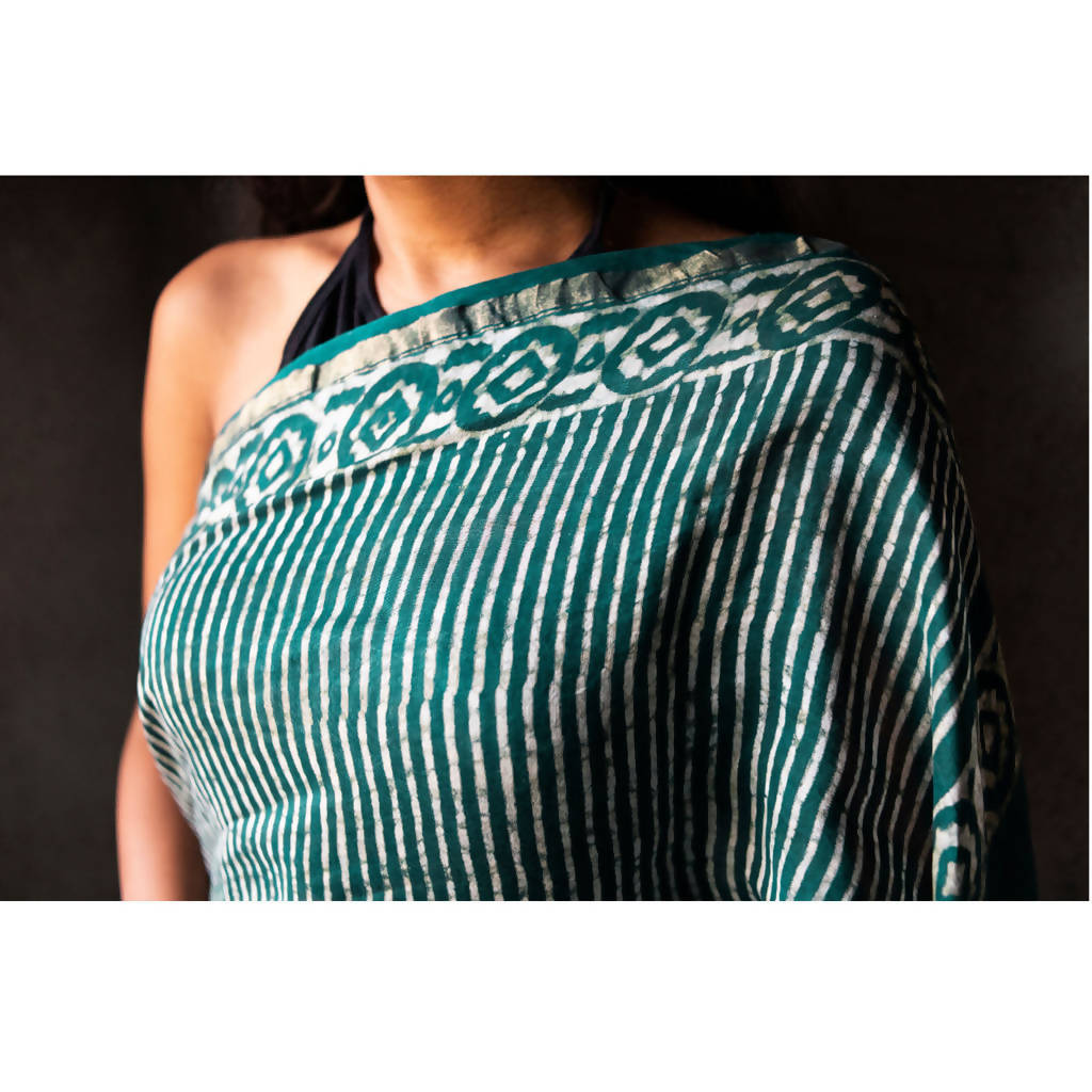 Natural Dyed Dabu Printed Chanderi Saree | Green、mySite、camillekostekn