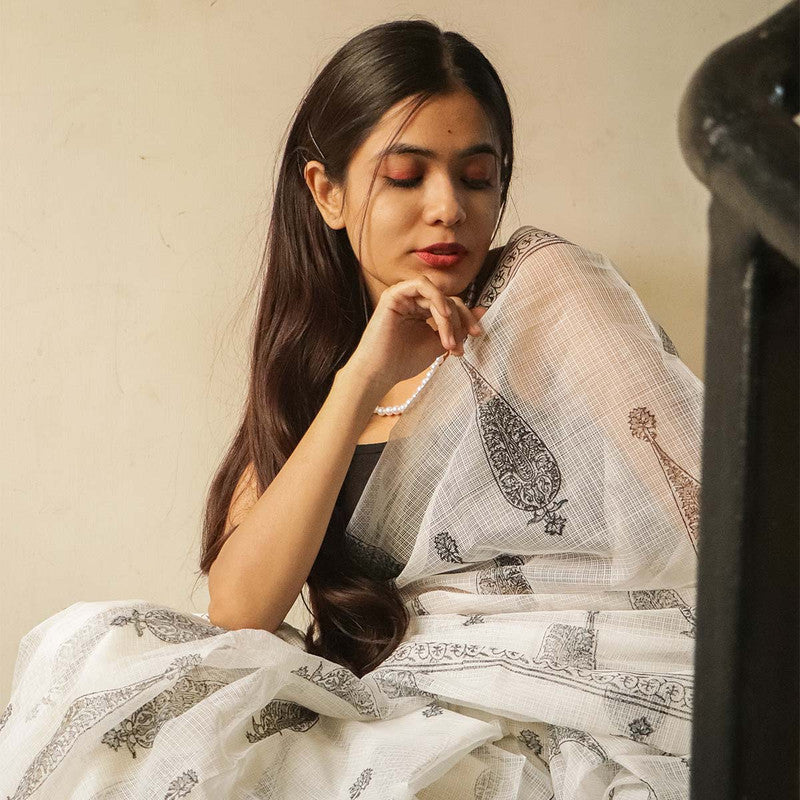 Festive Wear | Handblock Printed Kota Doria Saree | White & Black、mySite、camillekostekn