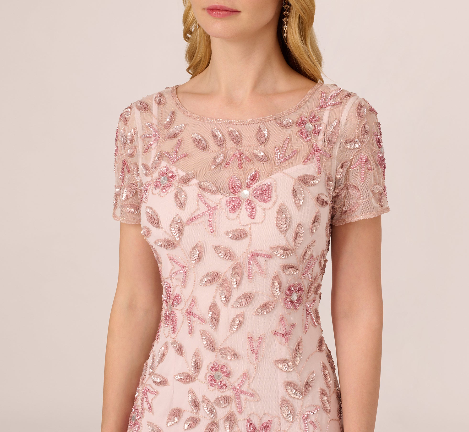 Hand Beaded Short Sleeve Floral Godet Gown In Blush Pink、mySite、solidvoid