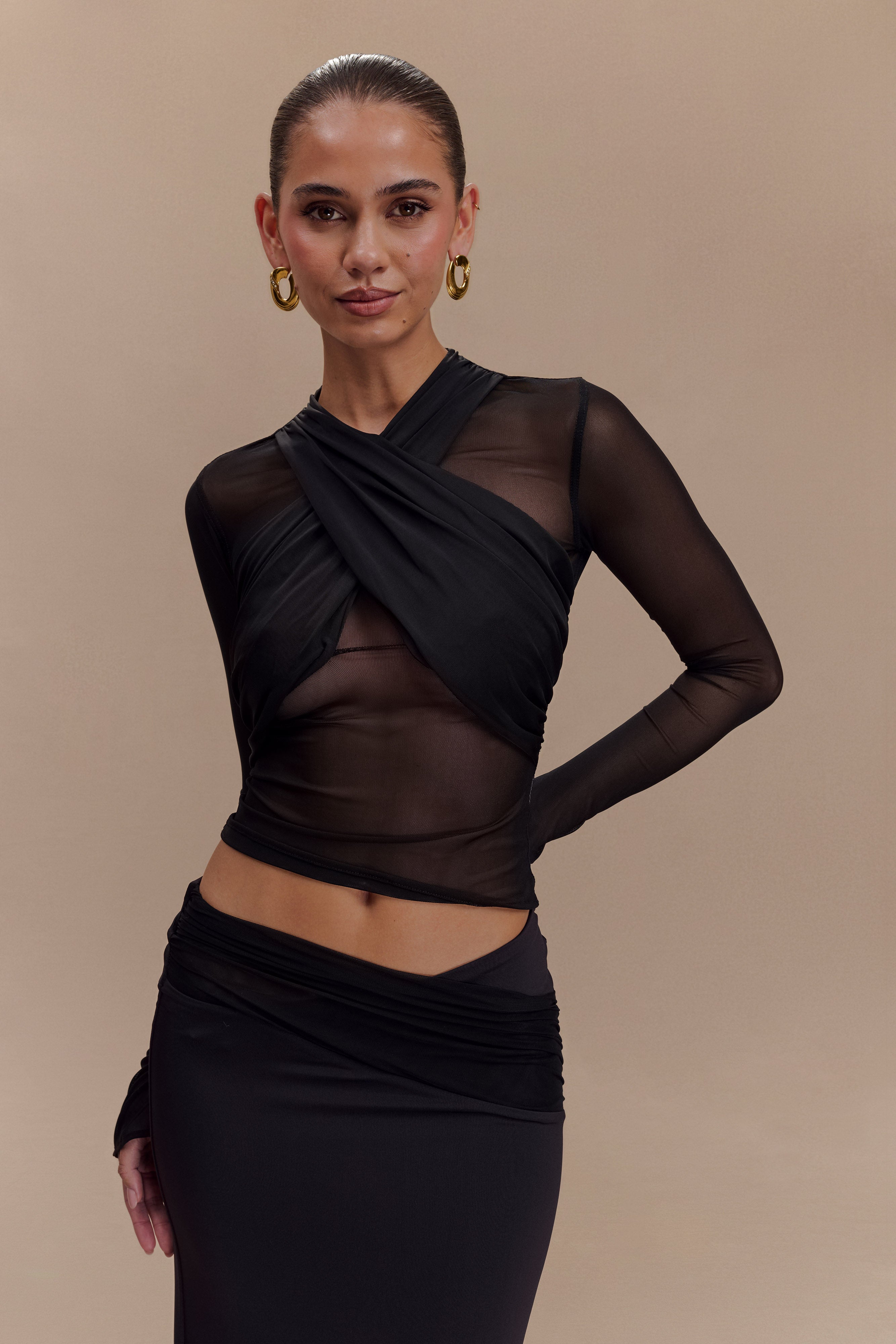 Tania Slinky And Mesh Long Sleeve Top - Black、mySite、solidvoid