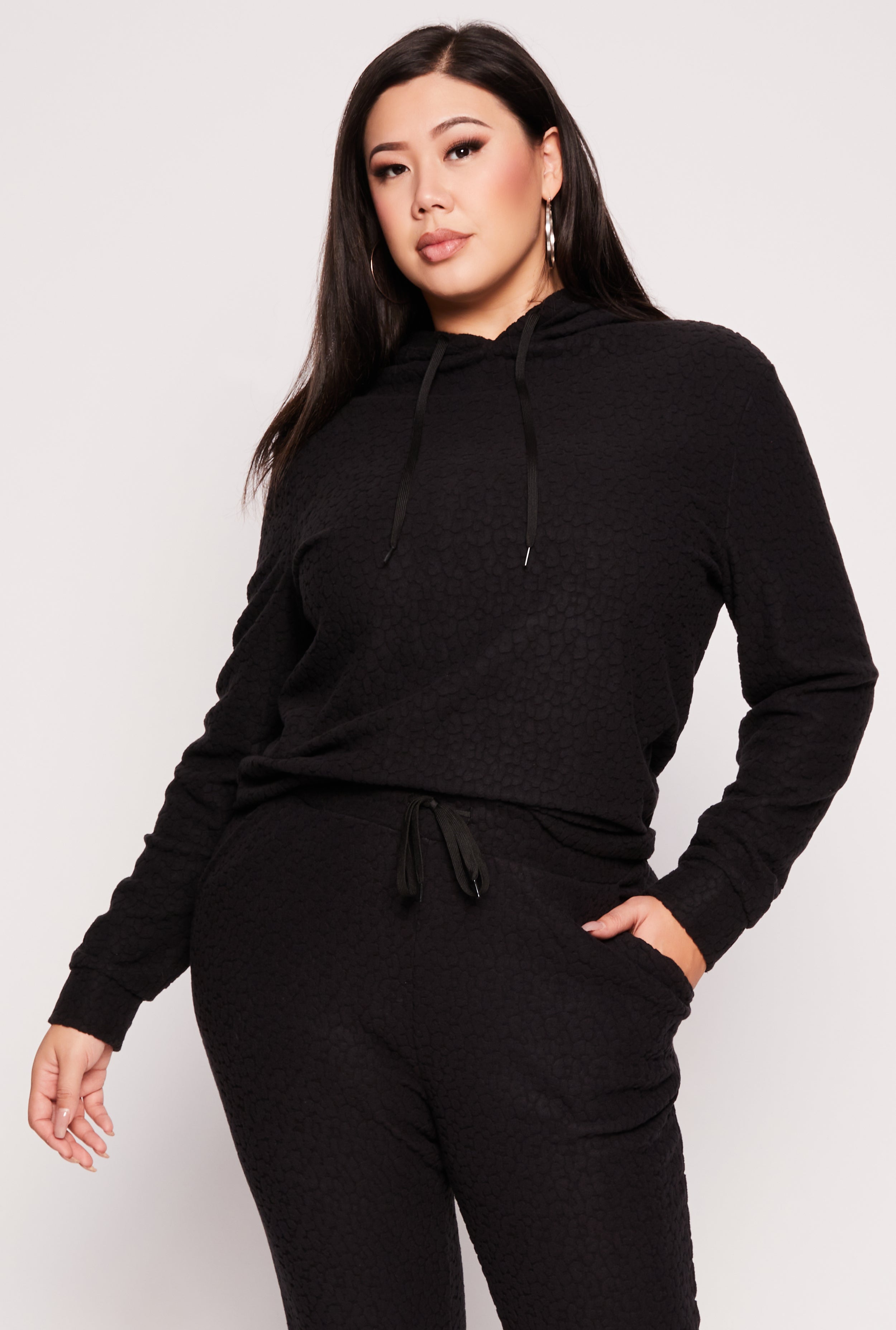 Plus Size Leopard Textured Knit Hoodie、mySite、camillekostekn