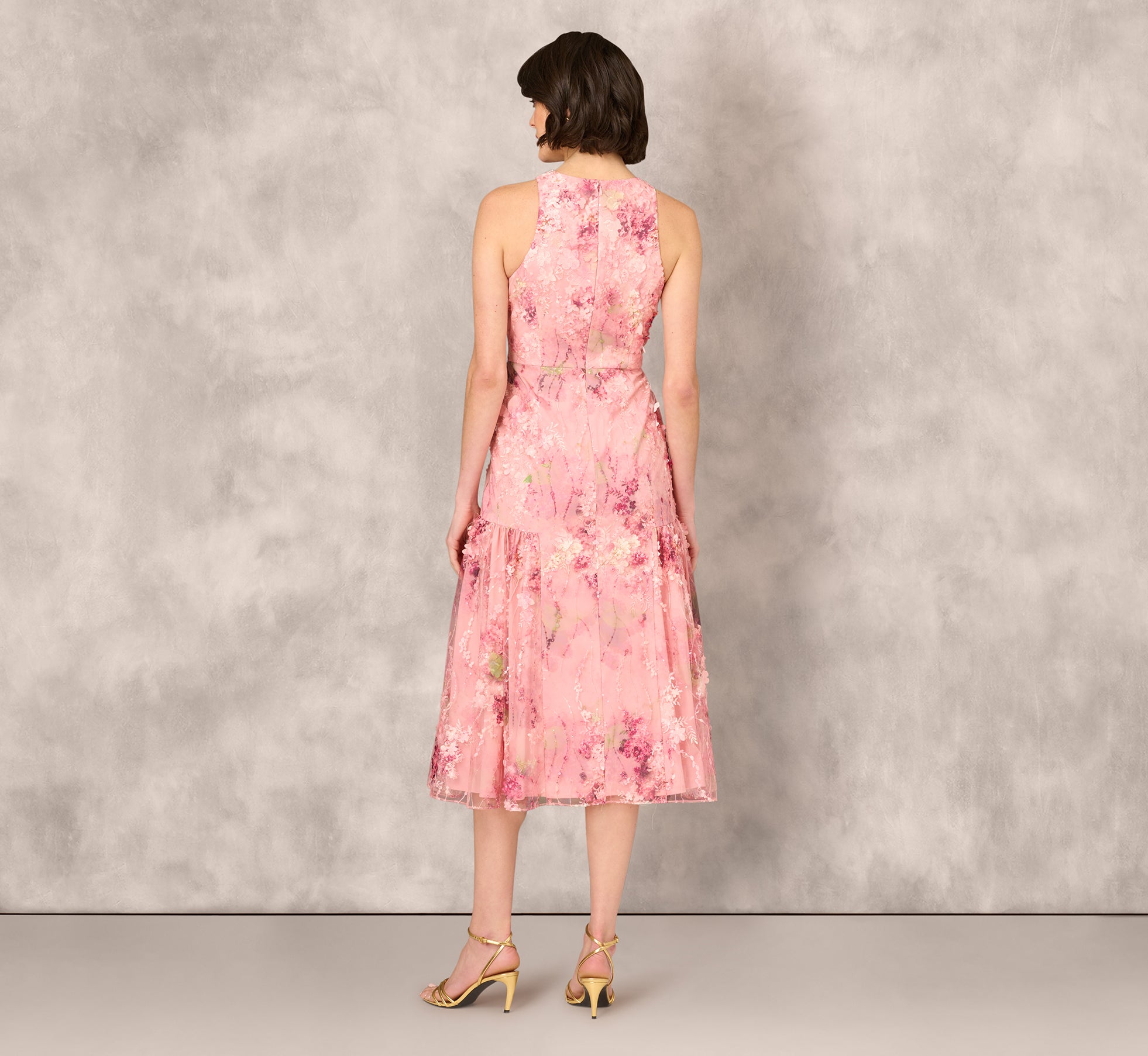 Sleeveless Embroidered Side Flounce Midi Dress In Pink Multi、mySite、solidvoid