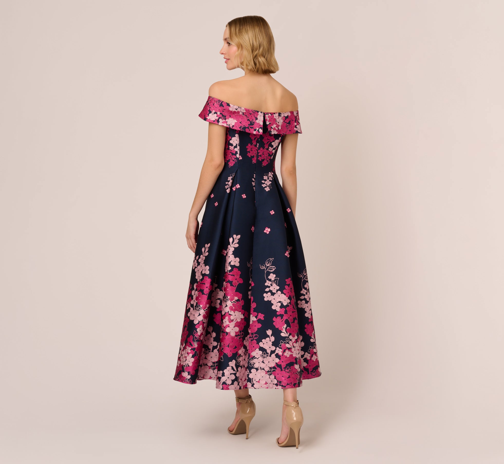 Floral Jacquard Ankle Length Dress With Off The Shoulder Neckline In Navy Pink Multi、mySite、solidvoid