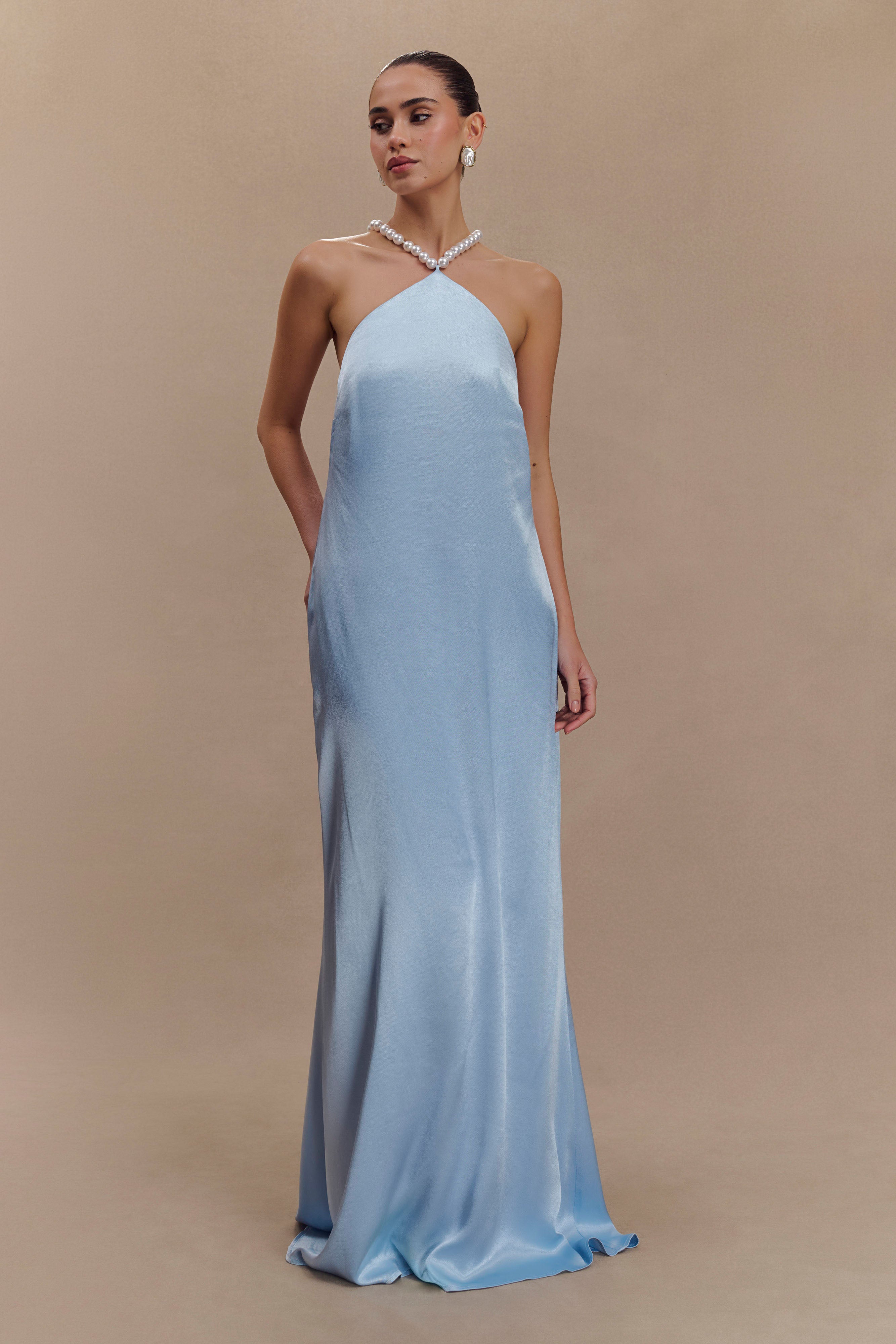 Blanche Satin Pearl Halter Maxi Dress - Cornflower Blue、mySite、solidvoid