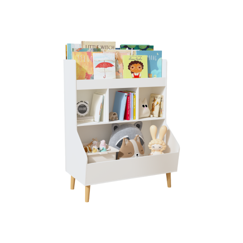 Kids Bookshelf and Toy Storage Organizer, Multifunctional 4 Tier Wooden Kids Book Shelf with Bookcase Display Stand in Kids Room Playroom Nursery for Kids, Children, Toddlers (White)、、casual