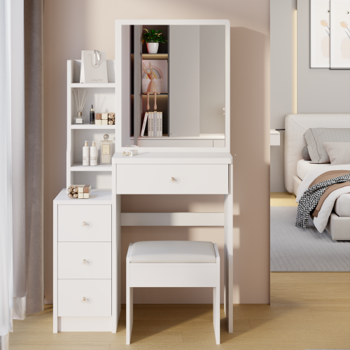 29.2" Small Size Left Bedside Cabinet Vanity Table + Cushioned Stool, Large Sliding, Touch Control, Tri-color Switching, Brightness Adjust LED Mirror, High Capacity Storage, Suitable for Small Space、、xpatfood