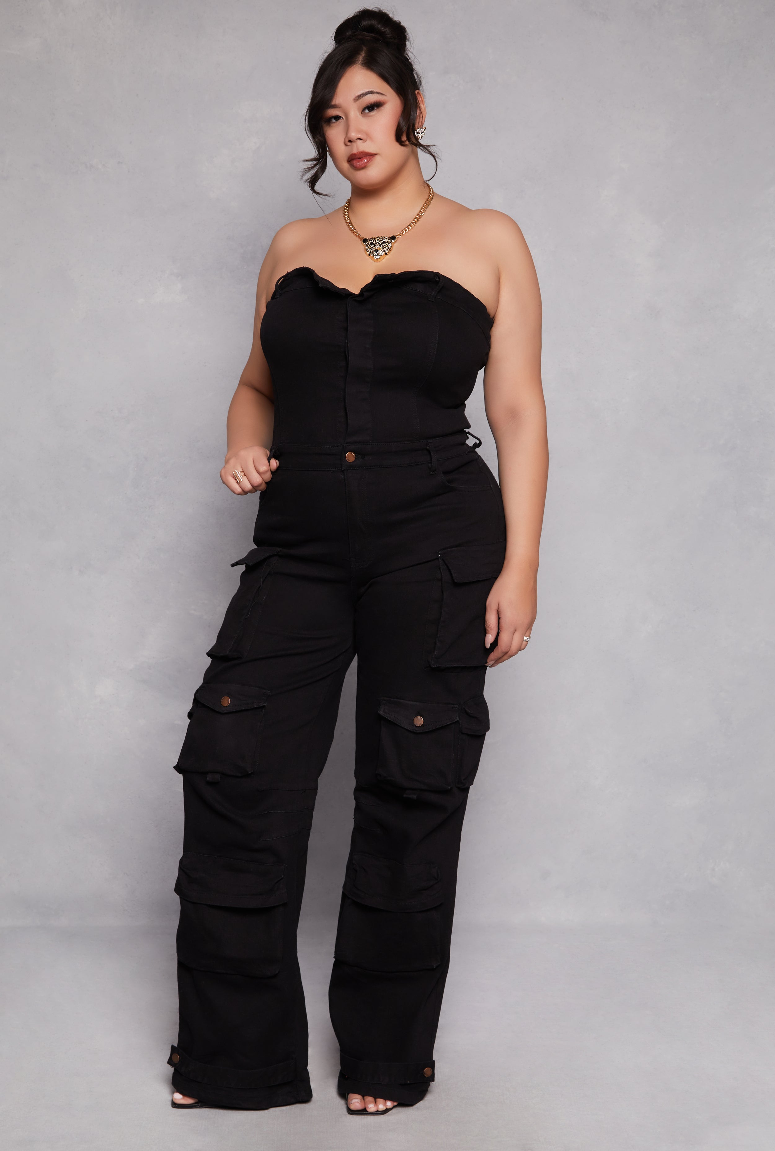 Plus Size Daisy Denim Strapless Utility Jumpsuit、mySite、camillekostekn