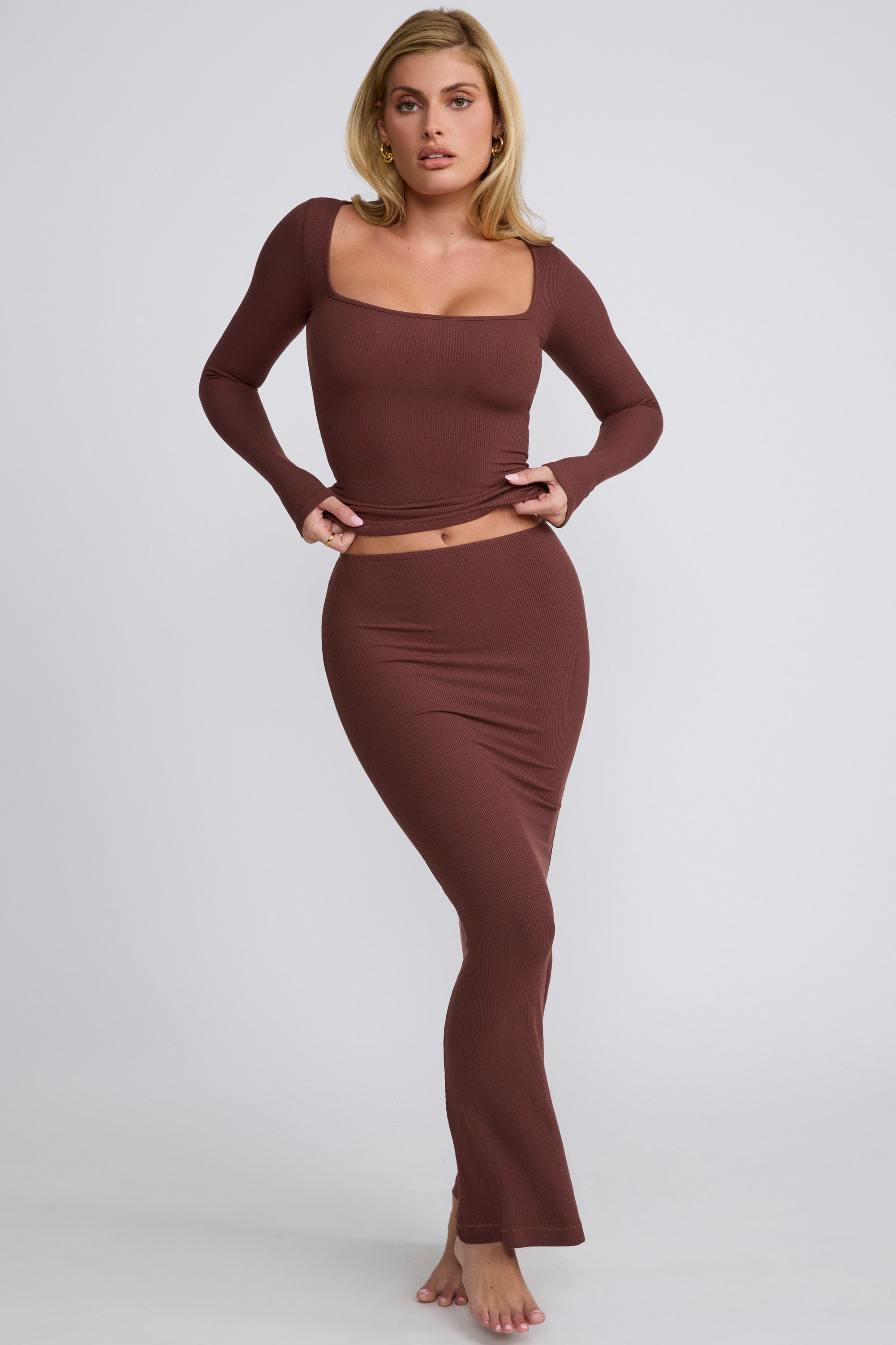 Ribbed Modal Long Sleeve Top in Chocolate、mySite、solidvoid
