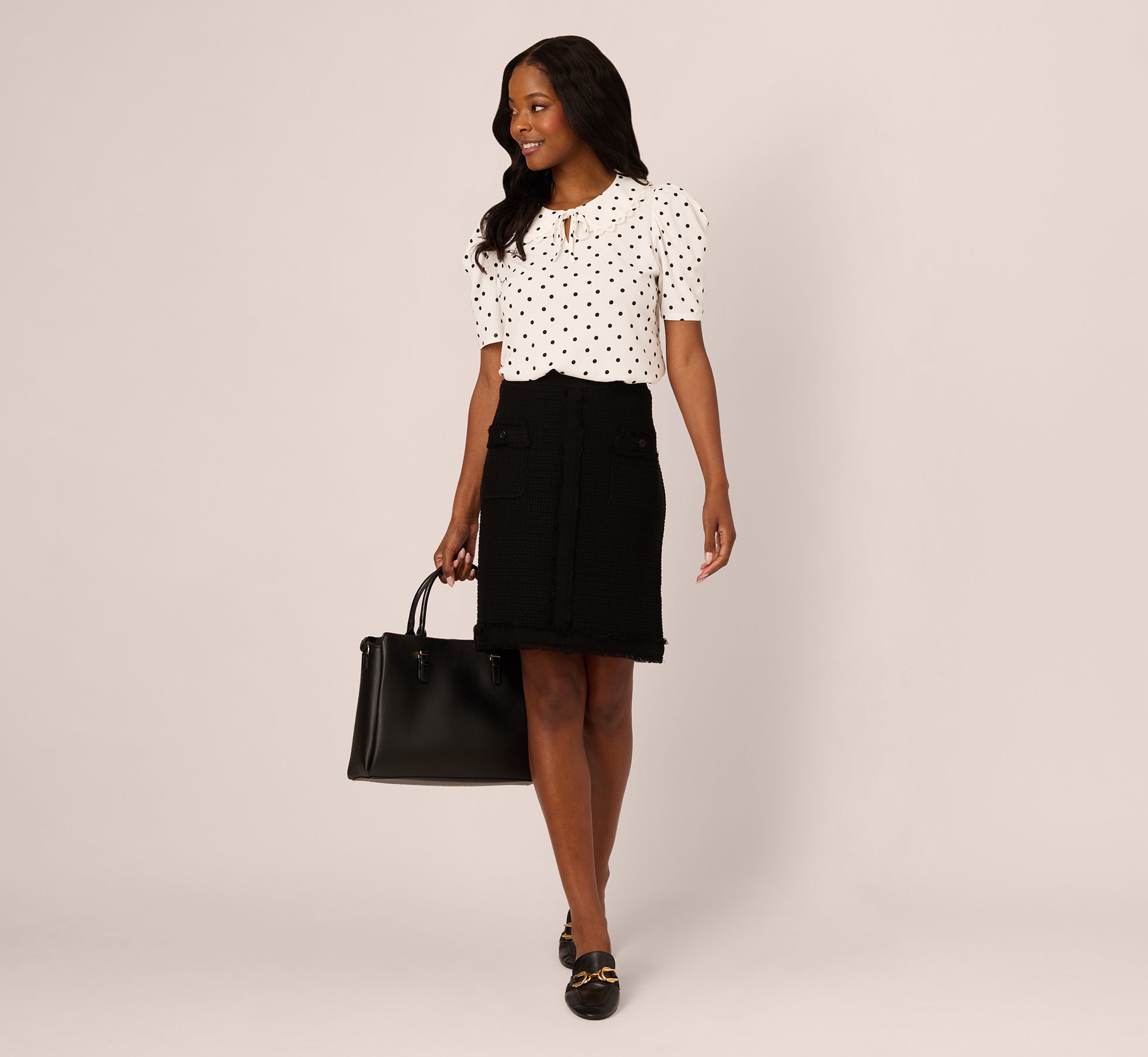 Puff Sleeve Peter Pan Collar Top In Ivory Black Timeless Dot、mySite、solidvoid