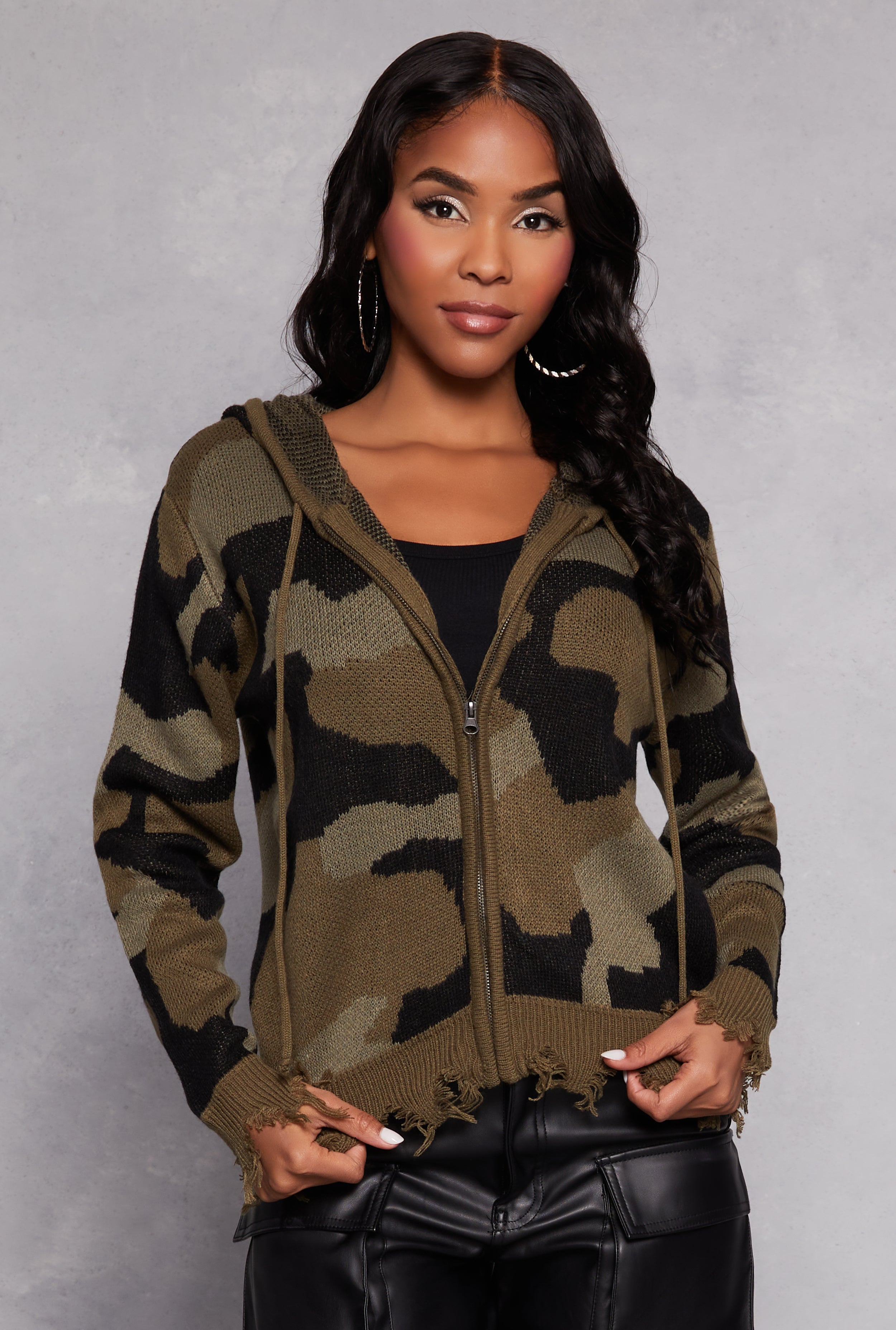Distressed Camo Zip Front Hooded Sweater、mySite、camillekostekn