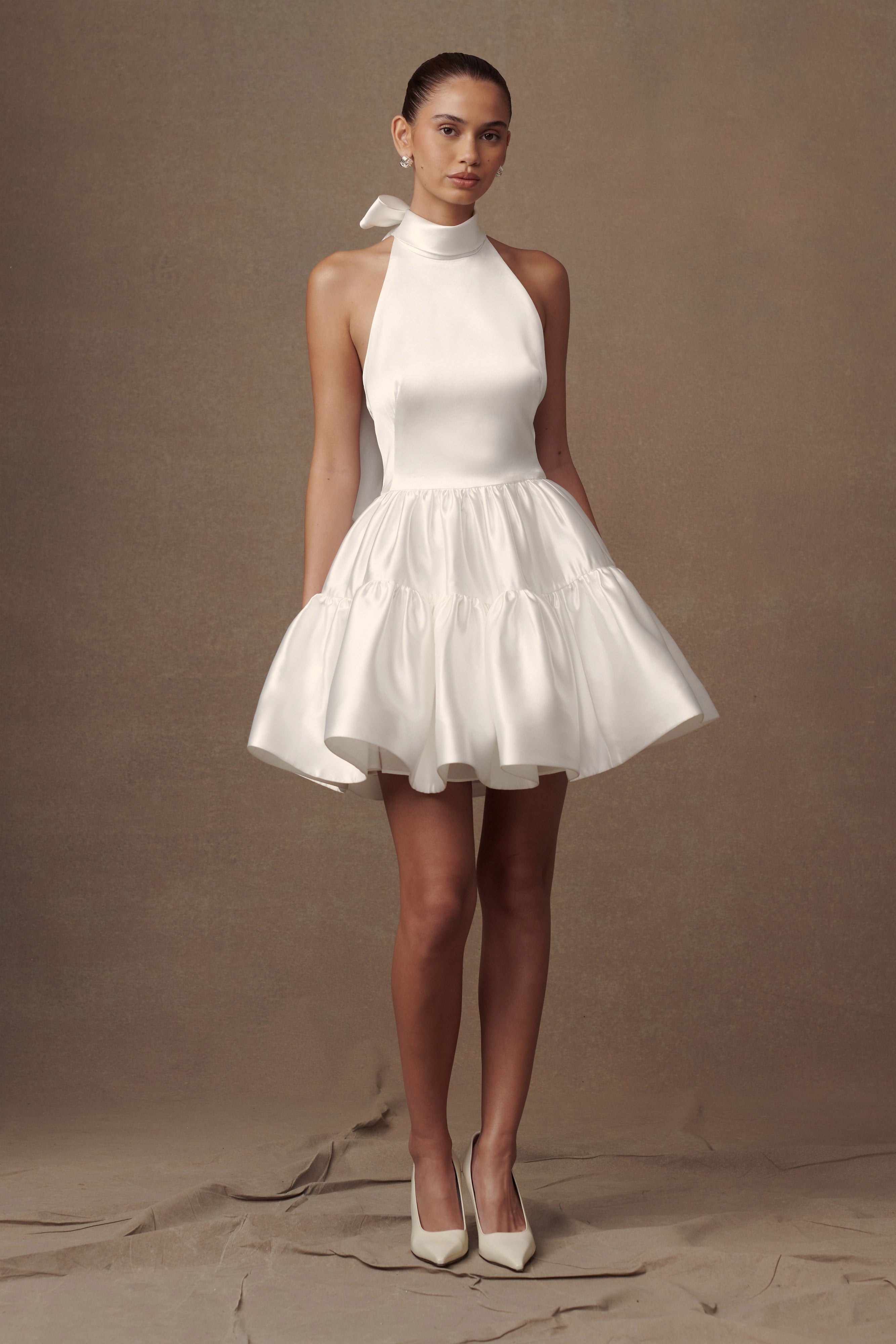 Dorota Satin Halter Mini Dress - White、mySite、solidvoid