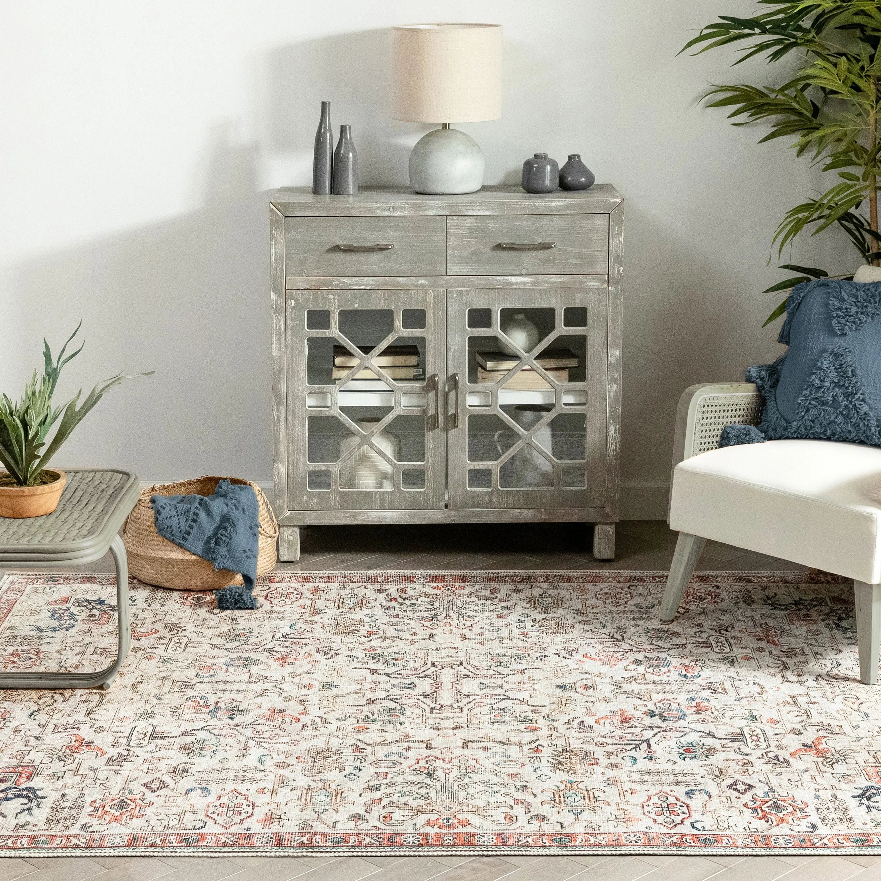 Pomona Machine Washable Vintage Medallion Botanical Border Ivory Flat-Weave Distressed Rug、mySite、gigharbornorthrealestate