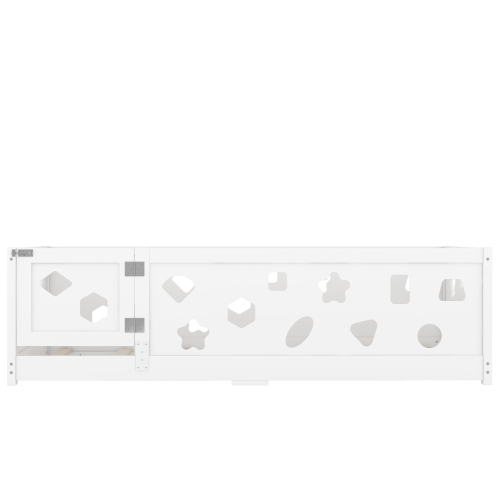 Twin Size Floor Bed with Heightened Safety Guardrails and Door, Solid Wood Bedframe with Rails for Girls, Boys, Teens, Child Bedroom, Kids Playroom, No Slats Included, White、、casual