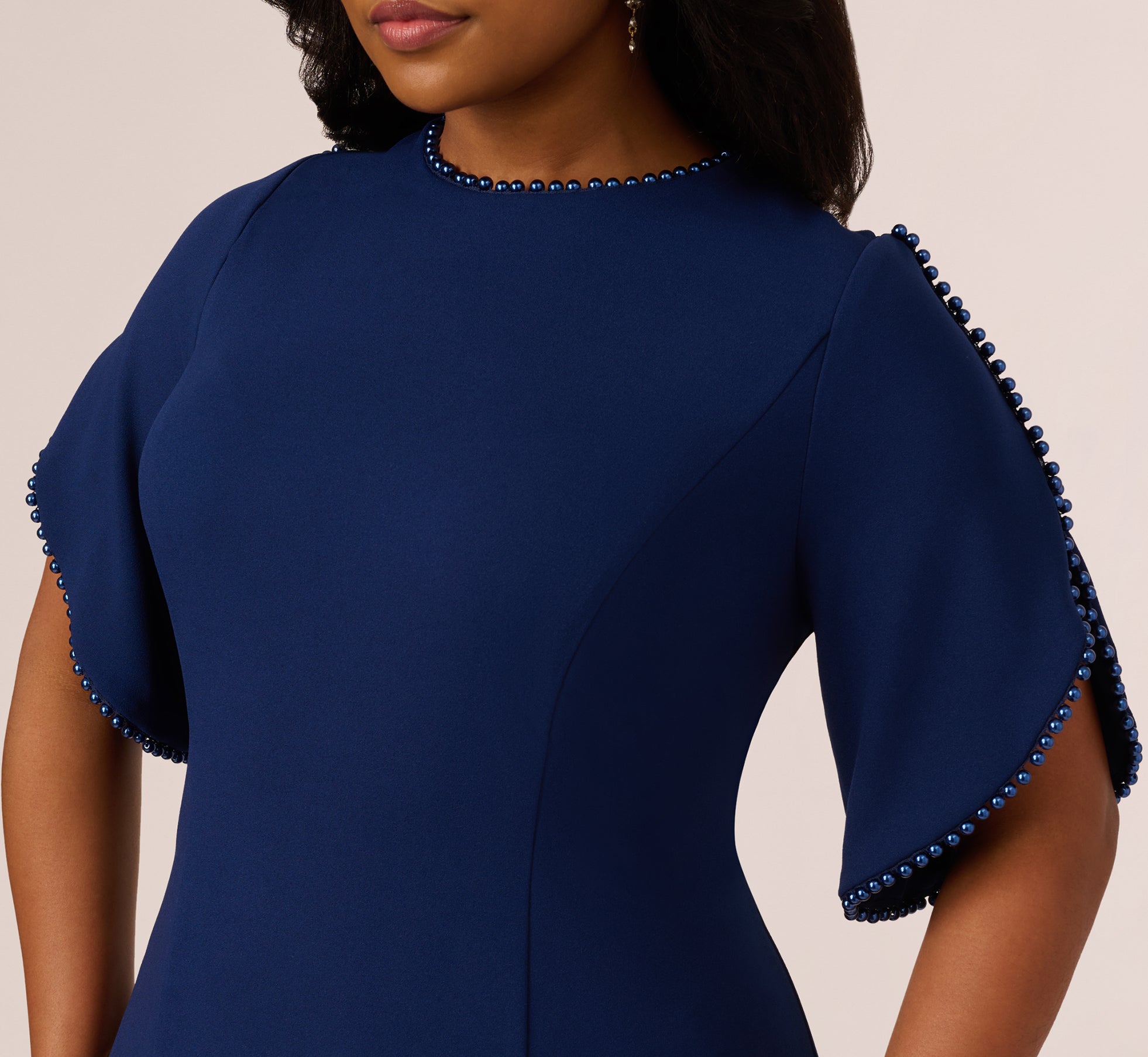 Plus Size Crepe Midi Length Sheath Dress With Pearl Trimmed Sleeves In Navy Sateen、mySite、solidvoid